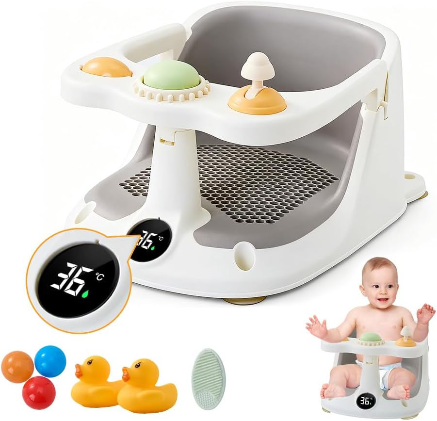 Baby Bath Support Seat for 6 Months & up - Bathtub Shower Seat Chair for Babies Sitting up with Toys & Brush, Non-Slip, Comfortable, Infant Bath Essentials Gift image number 5