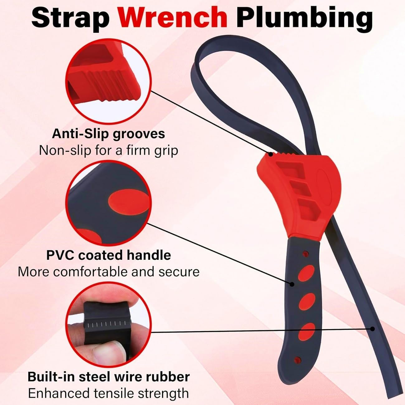 WADY 2PCS Rubber Strap Wrench, Oil Filter Wrench & Jar Opener for Plumbing, Tight Spaces (6-8 Inches), Reinforced Belt Pipe Wrench for Mechanics, Plumbers, DIY Home Repair (Red) image number 4