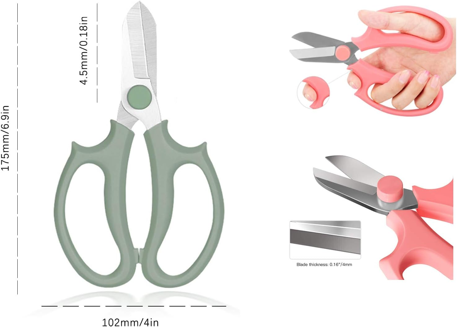 Leize Flower Scissors, Premium Thickened Stainless Steel Floral Shears, Strong Pruner for Flowers, Branches and Leaves (Grey Green) - Grey Green image number 6