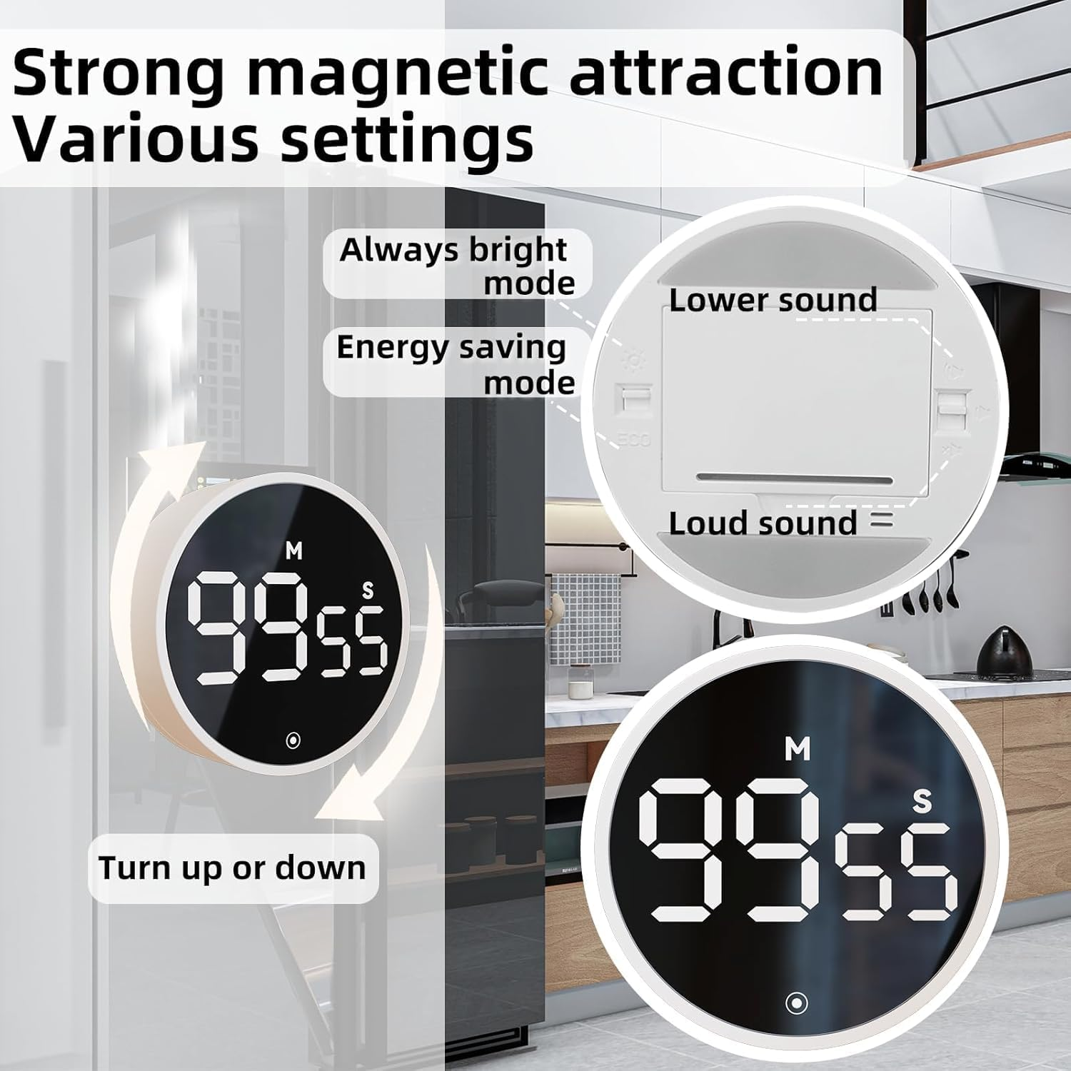 Digital Kitchen Timers, Magnetic Visual Timer Large LED Display Magnetic Countdown Countup Timer Volume Adjustable for Classroom Cooking Baking Teaching, Easy for Kids(Oyster White) image number 5