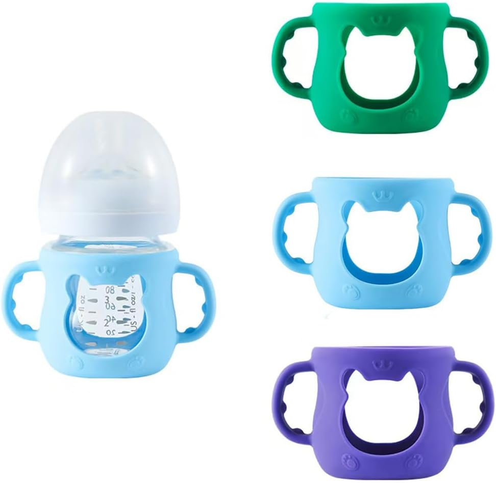 3 Pack Silicone Sleeves for Avent Baby Bottles with Handles, Compatible with Philips Avent Natural Glass Baby Bottles 240Ml, and Easy to Clean and Sterilize. (White+Blue+Green, 240Ml)