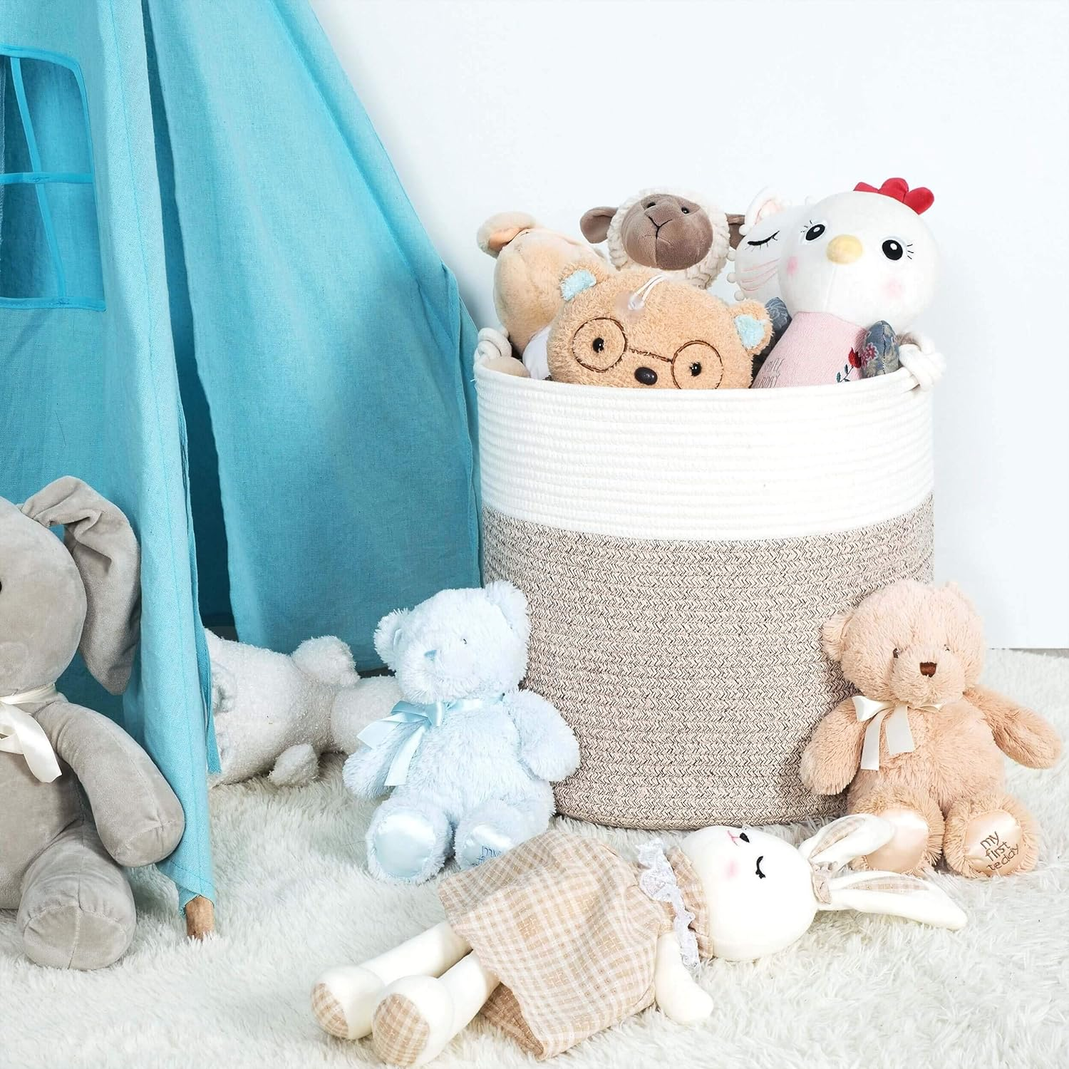 MINTWOOD Design 15 X 14.2 Inches Woven Cotton Rope Storage Basket, Stuffed Toy Basket Bin, Laundry Basket Hamper, Nursery Basket, Dog Toy Basket, Blanket Basket, Gift Basket, Light Brown