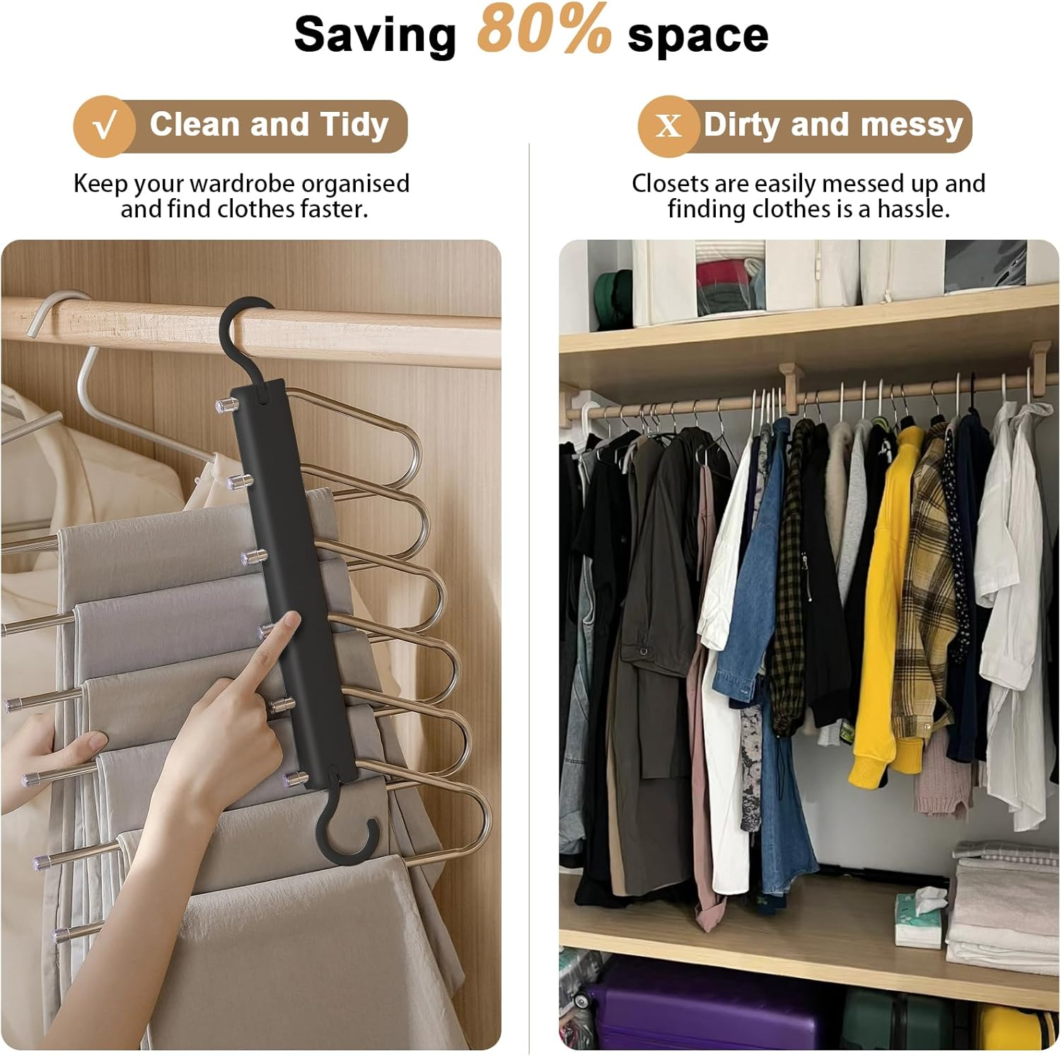 2 Pack Pants Hangers,S-Type Jeans Hanger Space Saving Folding and Telescoping Non-Slip Trousers Organizer 6 Layer Closet Organizers and Storage for Trousers Scarves Slack image number 2