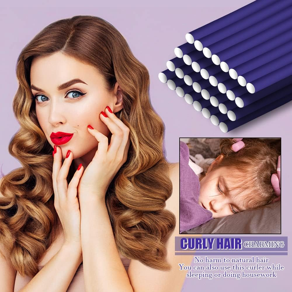 Pack of 30 Curls without Heat Curlers, Flexible Hair Curler Twist Foam Hair Rollers, Purple Perm Hair Curls Curlers Overnight Hair Rollers for Women Girls Long Short Hair