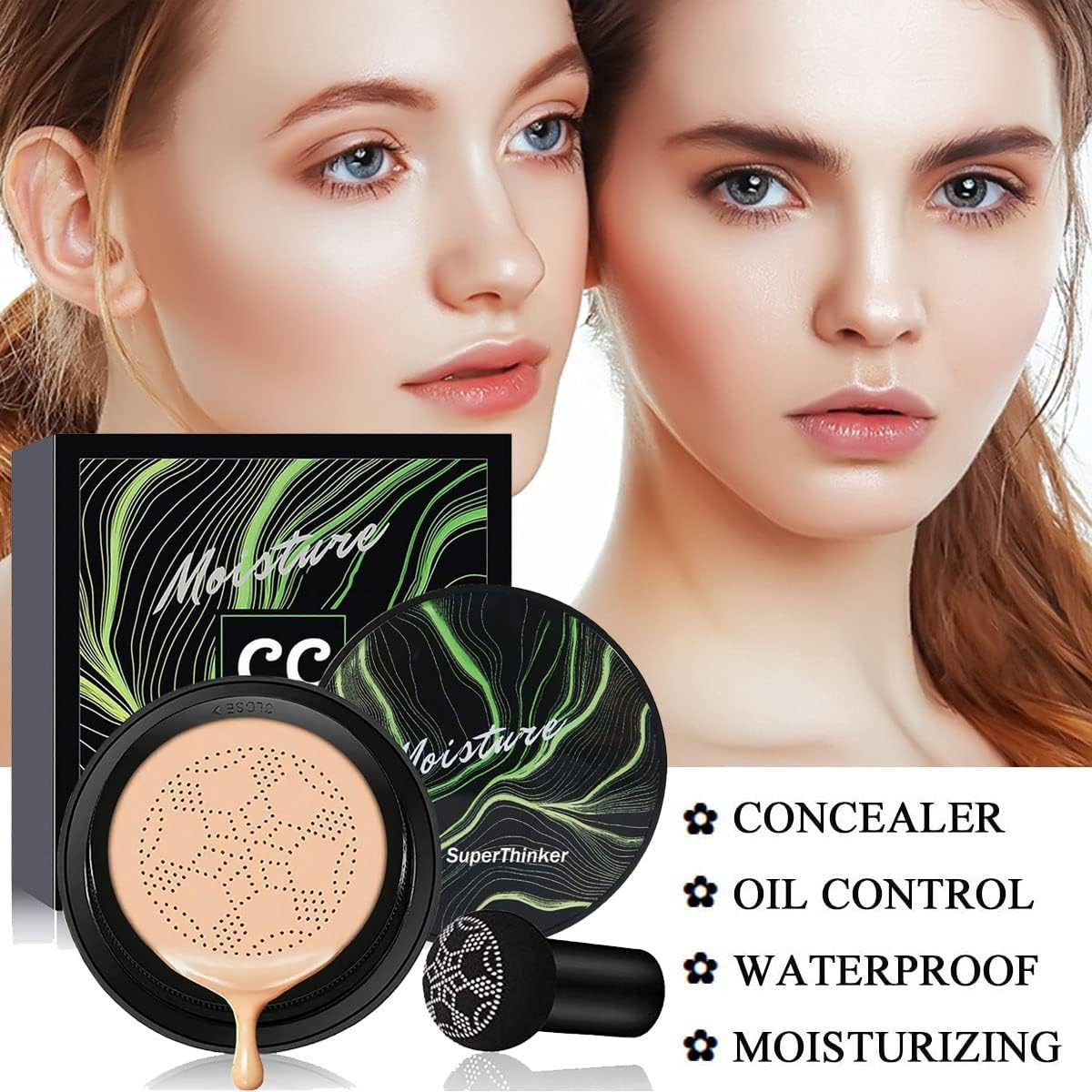 Air Cushion CC Cream Mushroom Head Foundation, Moisturizing BB Cream Makeup Long Lasting Matte Concealer (2 PCS Natural) image number 3
