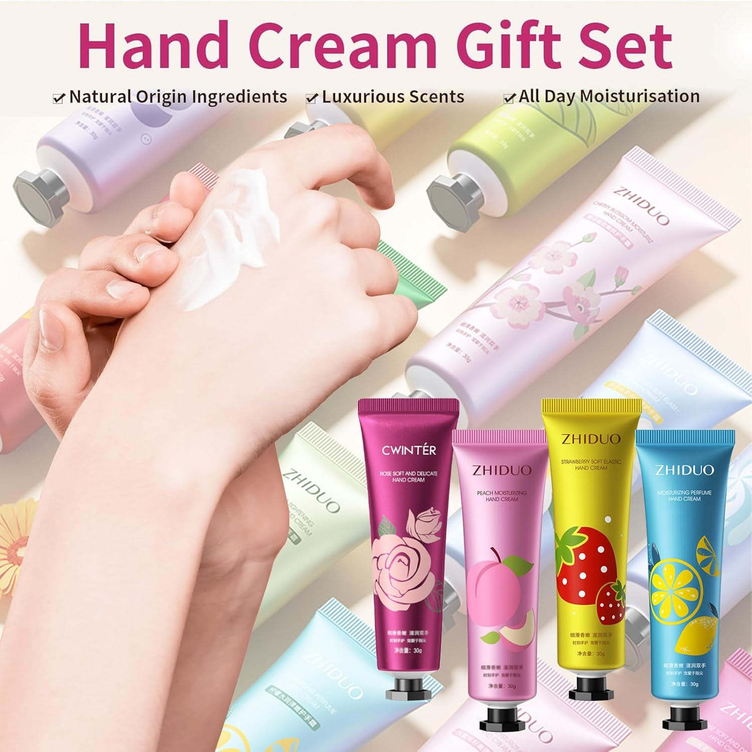 Hand Cream Gift Set, Moisturizing Hand Cream Sets for Very Dry Hands, Nourishing Non-Greasy Natural Fruit Flowers Fragrance Multipack Hand Care Lotion Hand Cream Gift for Women (4PCS) image number 3