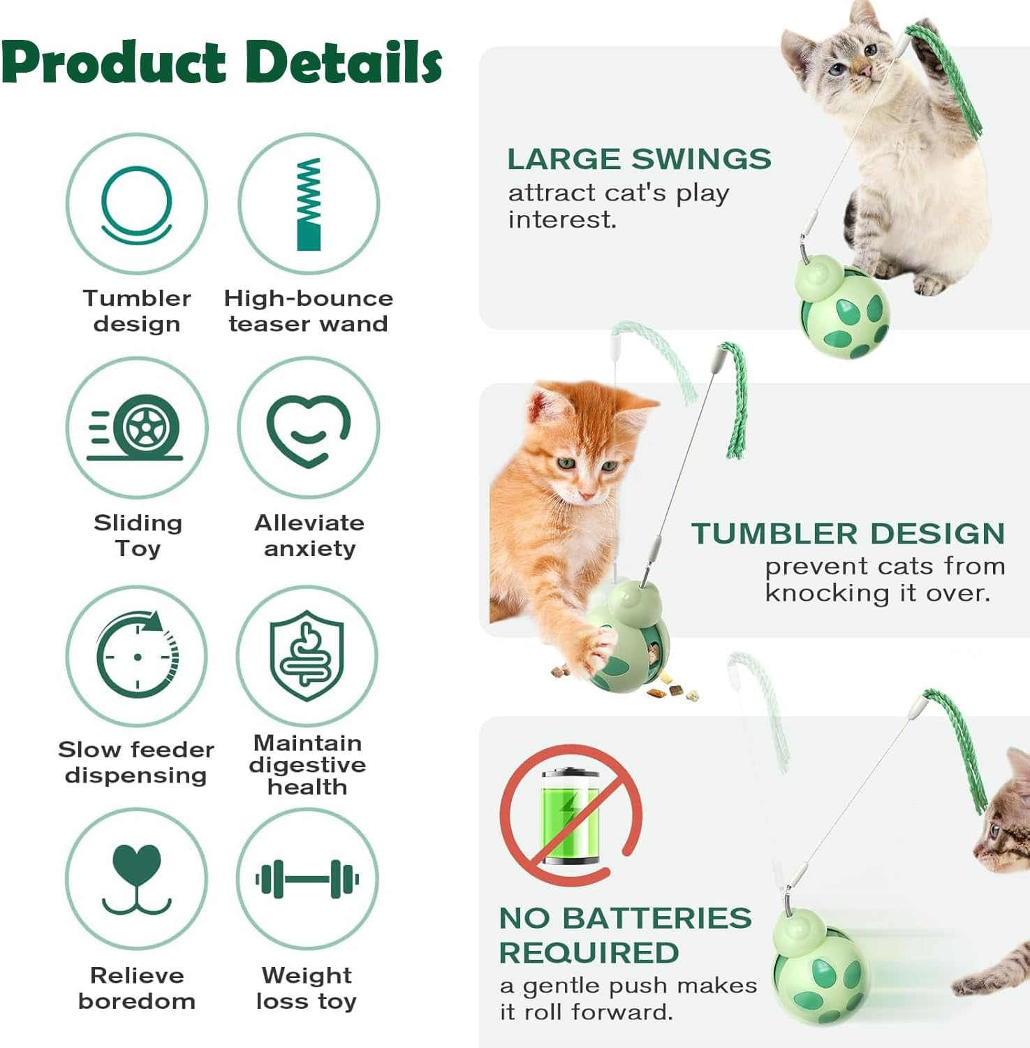 TKINRIC Interactive Cat Toy for Indoor Cats,Attractive Cat Treat Dispenser, Cat Puzzle Feeder, Tumbler Kitten Toys with Cat Wand,Cats Presents for Exercise/Boredom Relief(Green) image number 4