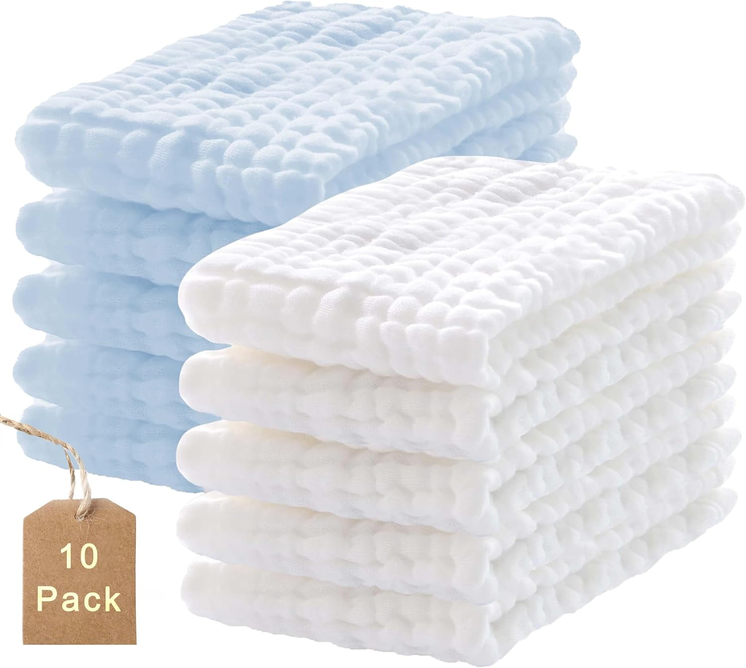 10-Pack Burp Cloths,100% Cotton Muslin Thickened Baby Burp Cloths Super Soft and Absorbent, Newborn Towels 20" X 10" (White+Blue) image number 3