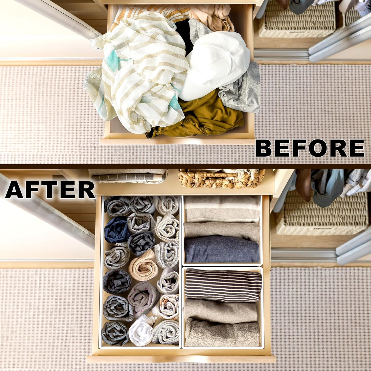 Simple Houseware Clothes Drawer Organiser, 12 Pack, Beige image number 3