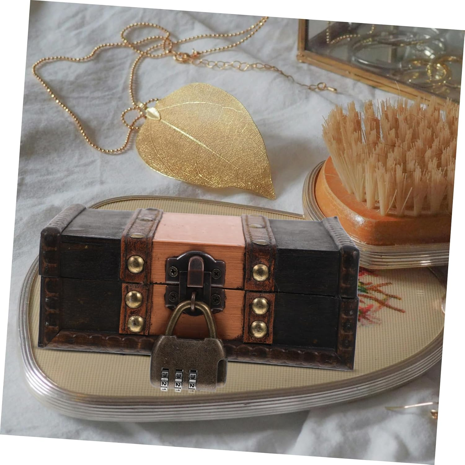 Angoily Vintage Wooden Treasure Chest Decorative Keepsake Box with Lock Retro Storage for Jewelry Documents Trinkets Unique Home Decor Idea image number 4