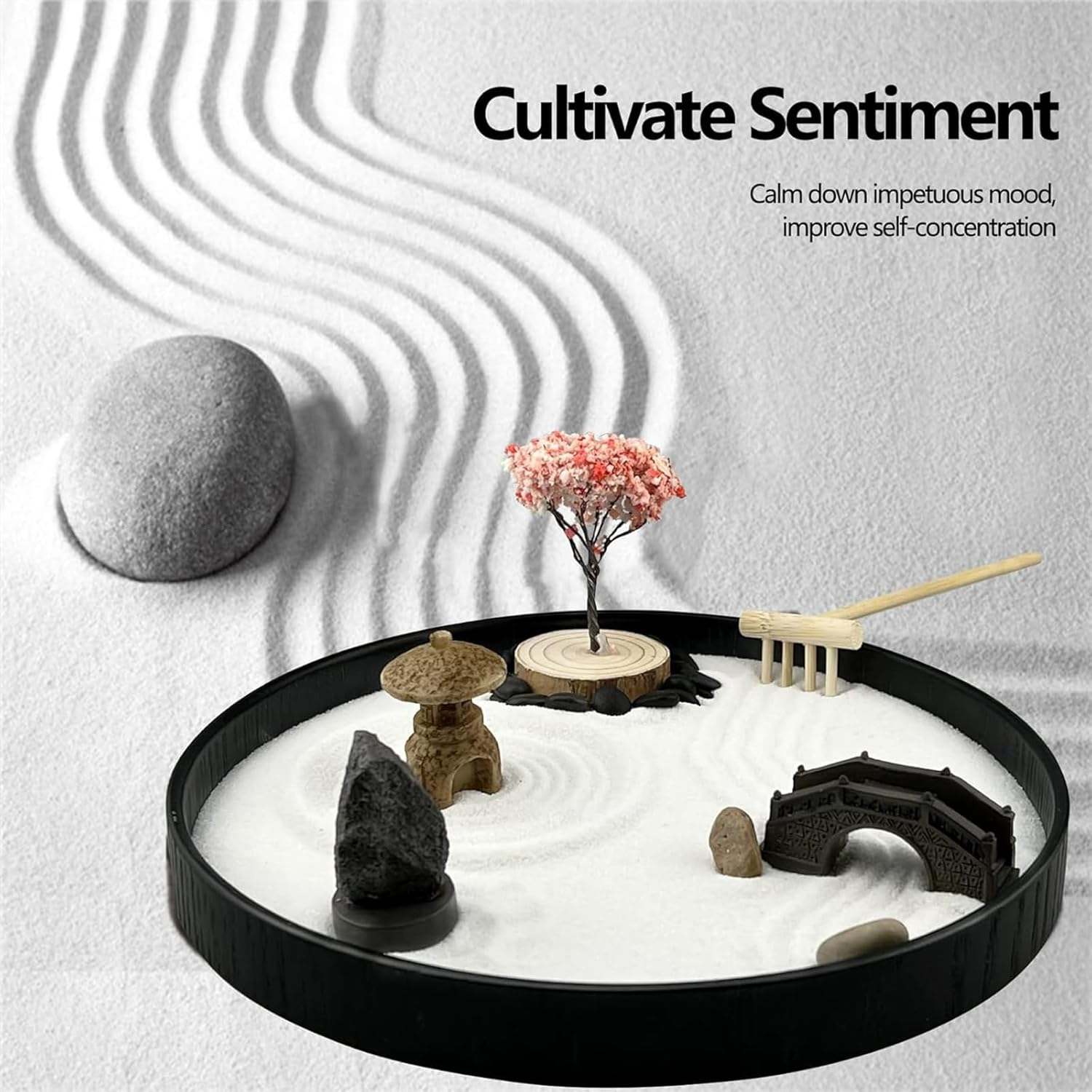 Zen Garden for Desk Japanese Zen Garden Kit, Tray Mini Desktop Zen Decor, Office with Black Wooden Tray, White Sand, Rake Tools Desktop Meditation, Therapy and Accessories (Round)