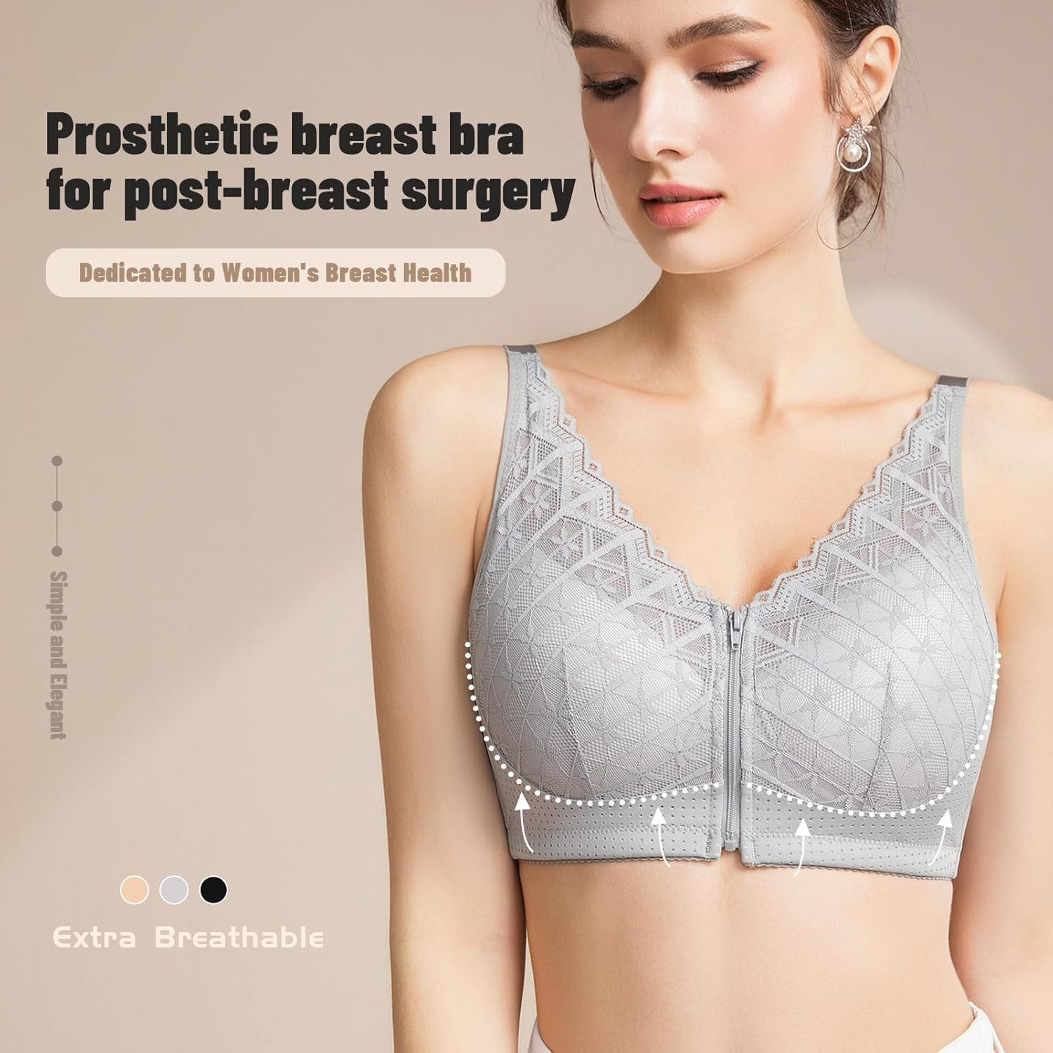 Zip Front Closure Mastectomy Bra, Women Post-Surgery-Bra with Pocket for Breast Prosthesis - Lace Surgical Everyday Bras image number 4