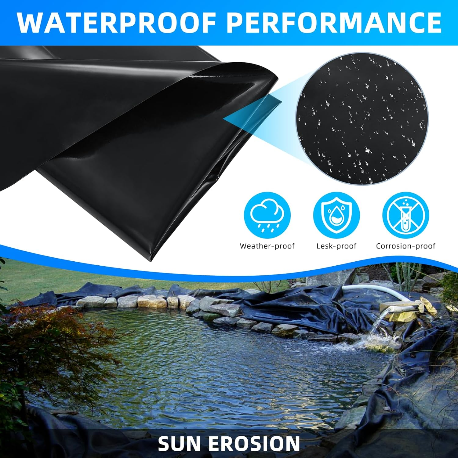 6Mx6Mx0.5Mm HDPE Pond Liner, Thick Heavy-Duty Garden Pool Underlayment Membrane &ndash; Black Waterproof Fish Pond Liner for Koi Ponds, Garden Streams, Waterfalls & Outdoor Landscaping (Extra Large) image number 3