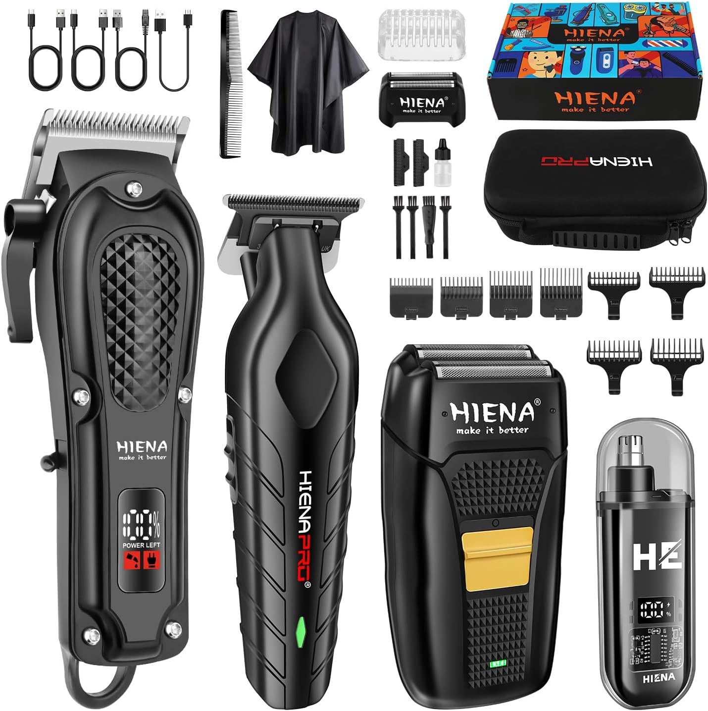 HIENA Pro Fessionelles Hair Cutting Set for Men, Cordless Barber Cutting Set and Trimmer Set, USB Rechargeable Electric Beard Trimmer & Nose Hair Trimmer Set, Foil Shaver & Men'S Face Care