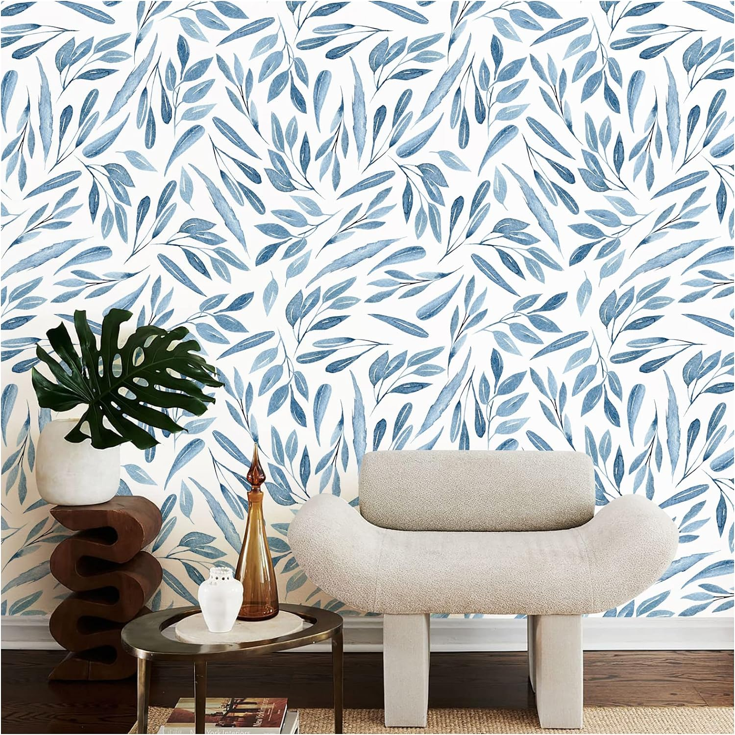 Haokhome 93199 Modern Peel and Stick Wallpaper Blue Branches with Leaves Removable Vinyl Self Adhesive Contactpaper 0.45M X 3M image number 3