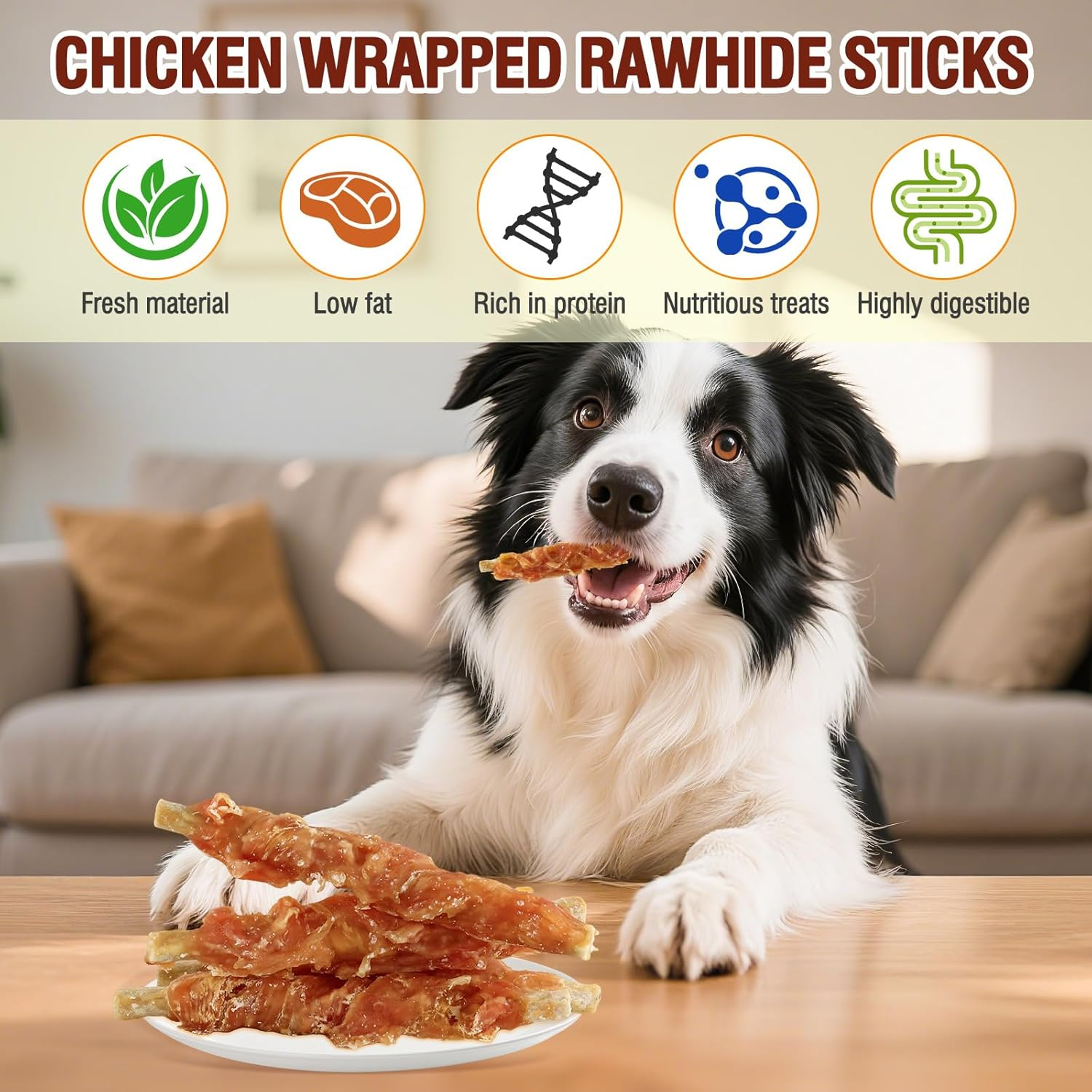 Beefhide Dog Chews Chicken Wrapped, Natural Dental Sticks for Teeth Cleaning, Long Lasting Treat for Small & Medium Dogs, 4.7 Inch image number 4