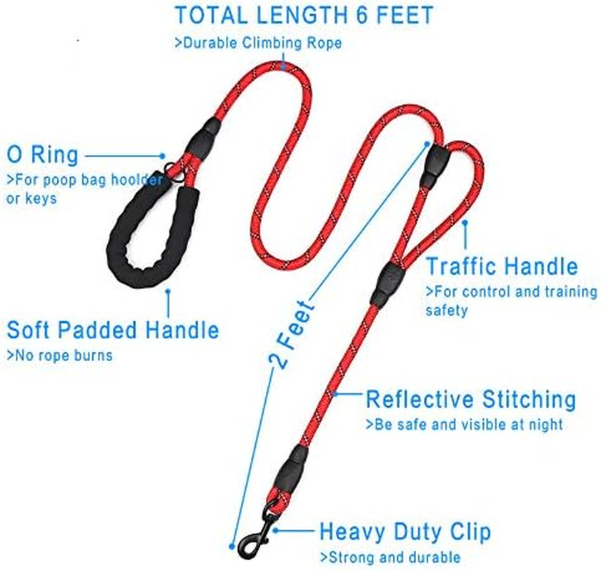 Plutue Pet Rope Dog Leash 6Ft Long,Traffic Padded Two Handle,Heavy Duty,Reflective Double Handles Lead for Control Safety Training,Leashes for Large Dogs or Medium Dogs,Dual Handles Leads(Red) image number 4