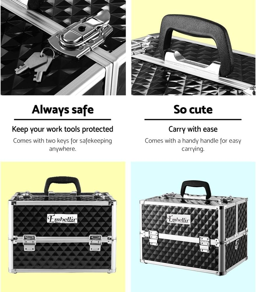 Portable Cosmetic Beauty Makeup Case Diamond Black Travel Organizer Storage image number 1