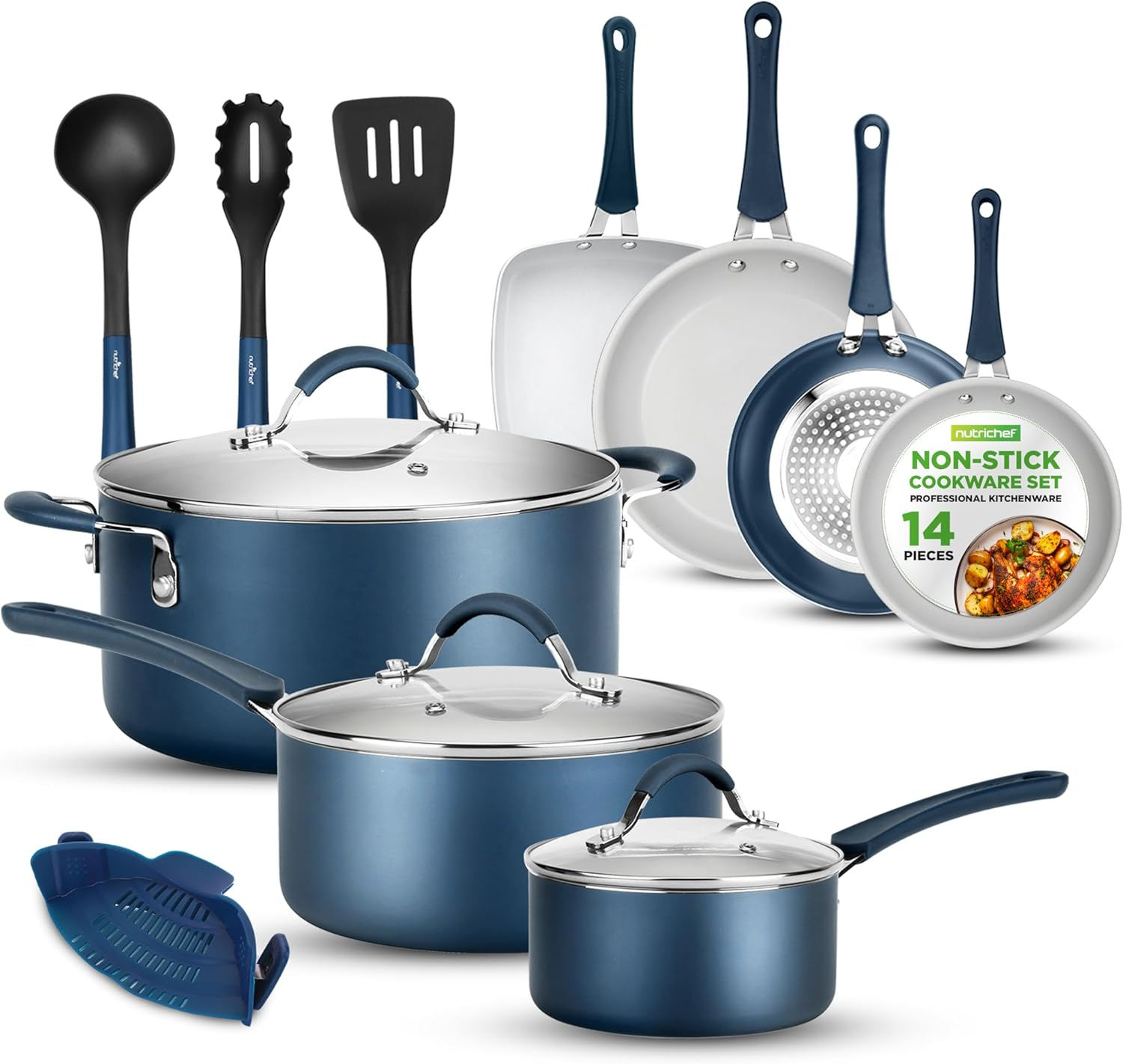 Nutrichef 14-Piece Nonstick Cookware Ptfe/Pfoa/Pfos-Free Heat Resistant Lacquer Kitchen Ware Set W/Saucepan, Frying Pans, Cooking, Dutch Oven Pot, Lids, Utensil NCCW14S, Agold