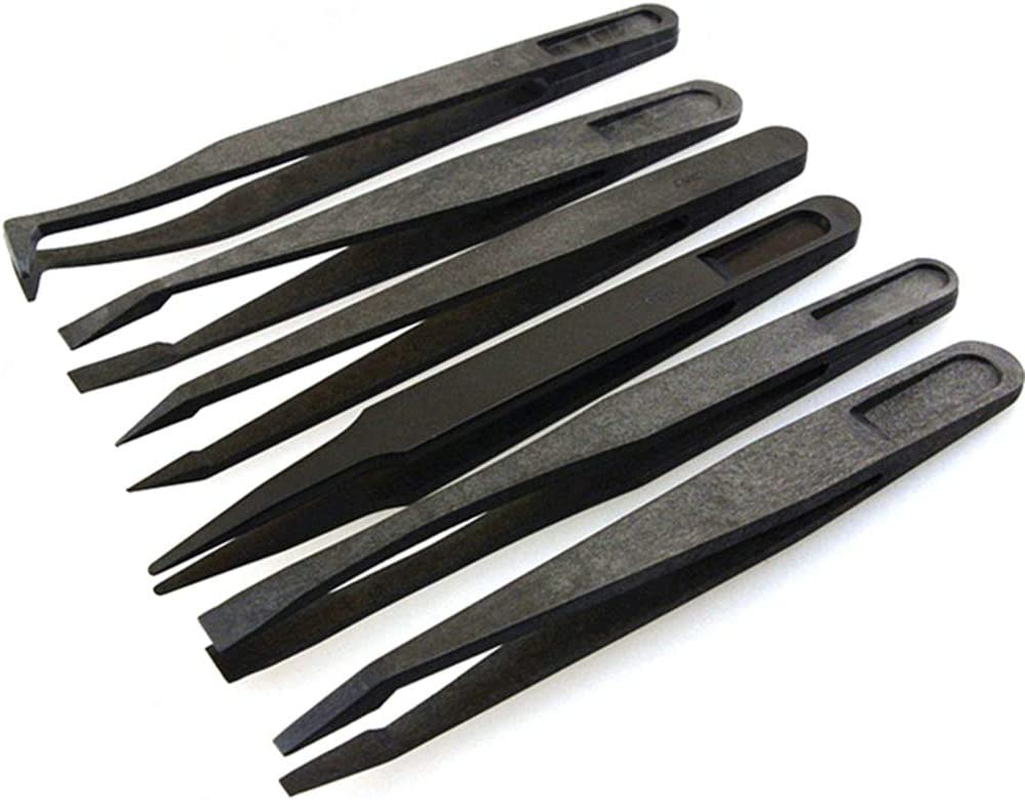 FEITA Precision Plastic Tweezers Kit - Plastic anti Static Tweezers Set Pickup Craft Electronics DIY Repair Tool - Black - 6Pcs