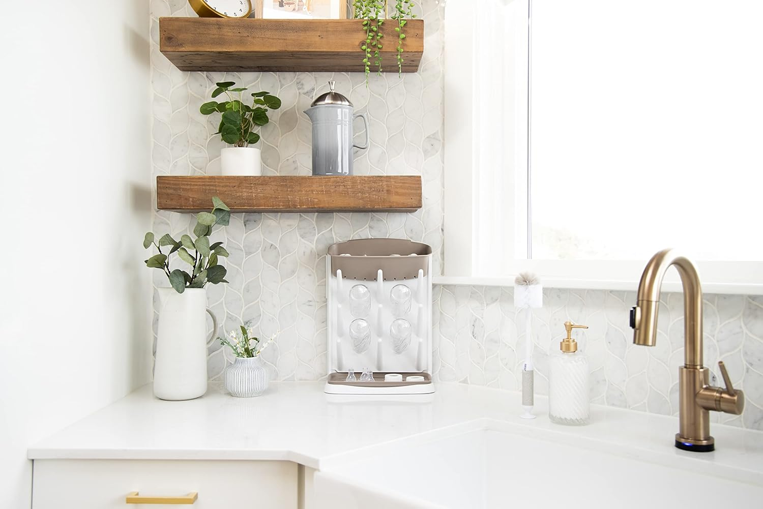 Ubbi Vertical Baby Bottle Drying Rack, Space Saving Countertop Drying Rack Baby Accessory, Taupe image number 1