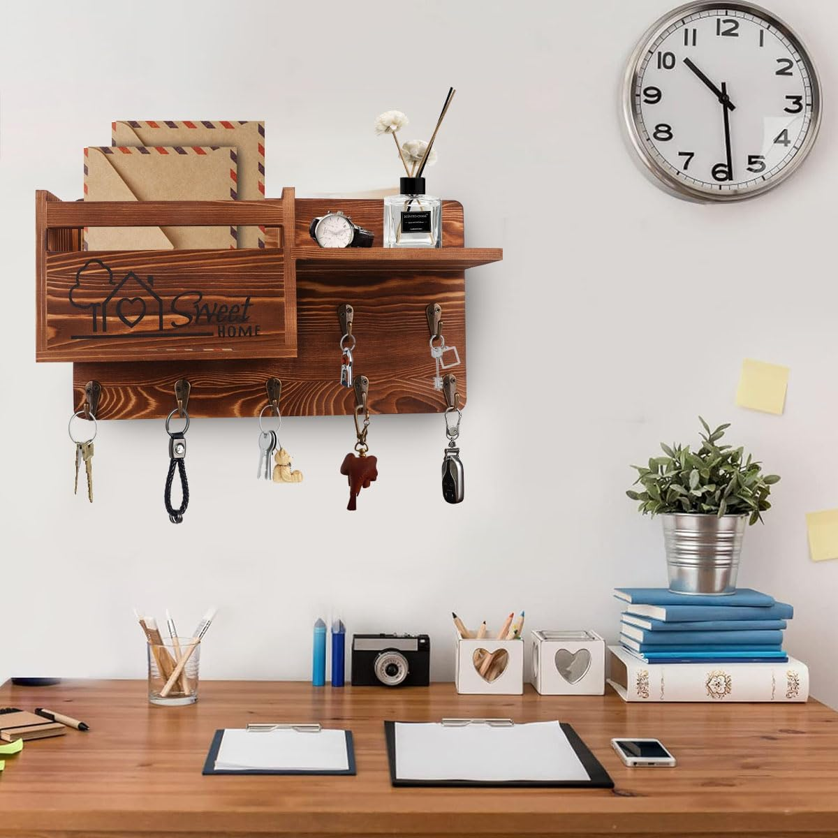 Gocokia Key Hanger Organizer, Mail and Key Holder for Wall Decorative, Wall Shelf with 7 Key Hooks, Wall Mounted Key Hangers with Mailbox, Home Decor (Brown) image number 6