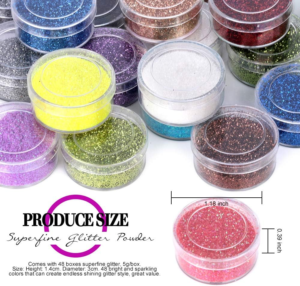 FANDAMEI 48 Colors Nail Glitter Set, 48 Boxes 5G Nail Art Glitter, Fine Glitter Powder for Eyeshadow, Cosmetic, Arts, Crafts, Decoration. Body Glitter, Face Glitter for Festival, Makeup, Halloween image number 1