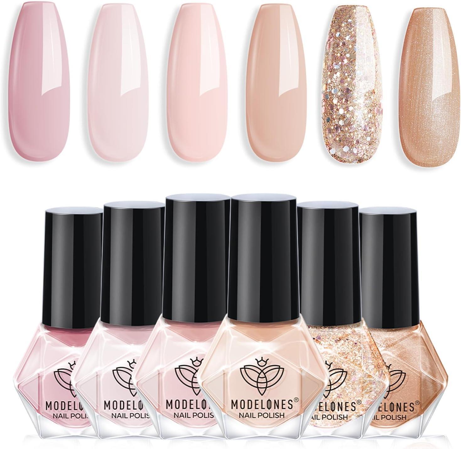Modelones Complete Nail Polish Set Brown Nude Pink Gold Glitter Shimmer Quick Dry Nail Lacquer Kit with Nail Remover Sticker Base&Top Coat, Light Pink 6 Colors DIY Home Manicure for Women Girls