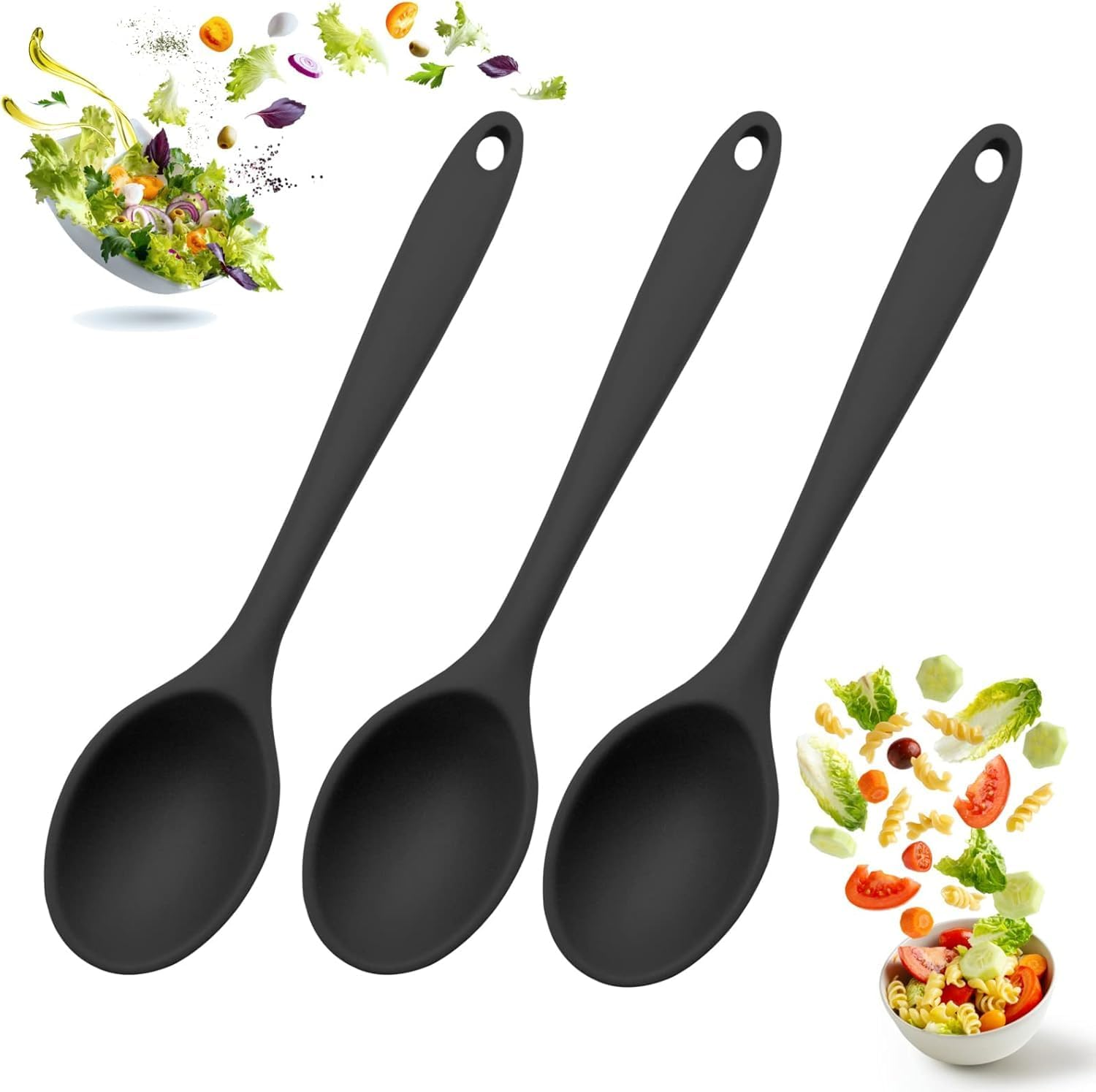 Large Silicone Cooking Spoons 27Cm Pack of 3, Non-Stick Spoon Set for Mixing, Cooking & Serving, Heat Resistant Silicone Spoon Set, Dishwasher-Safe & BPA Free (Black)