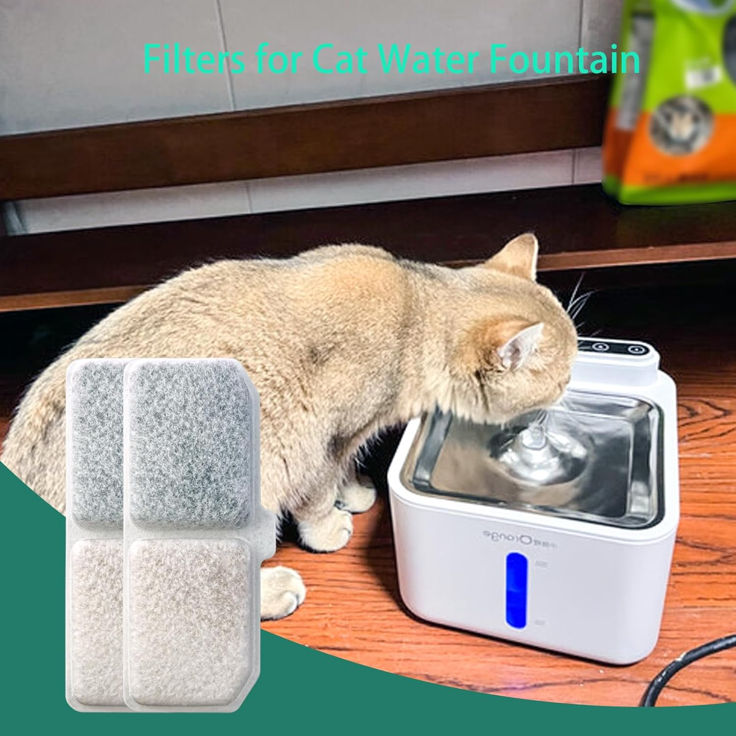 Hevysuo Pack of 10 Filter for Cat Fountain with Resin, Cotton Layer and Activated Carbon, Triple Filter Replacement Filters Suitable for 3.2 L Cats and Dogs Filter for Drinking Fountain, 4.4 X 1.6