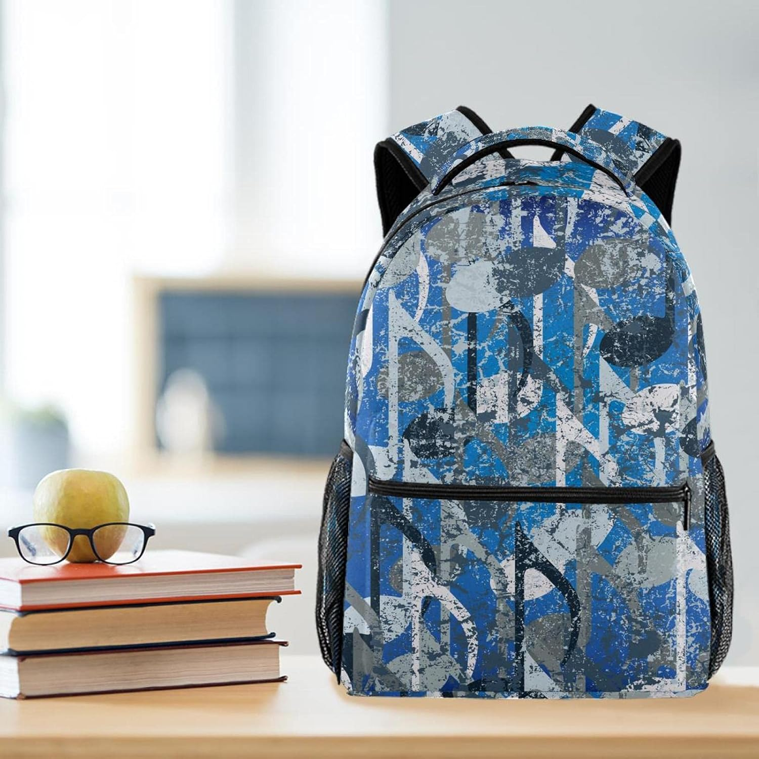 Retro Blue Musical Note Backpack Students Shoulder Bags Travel Bag College School Tote Backpacks image number 4