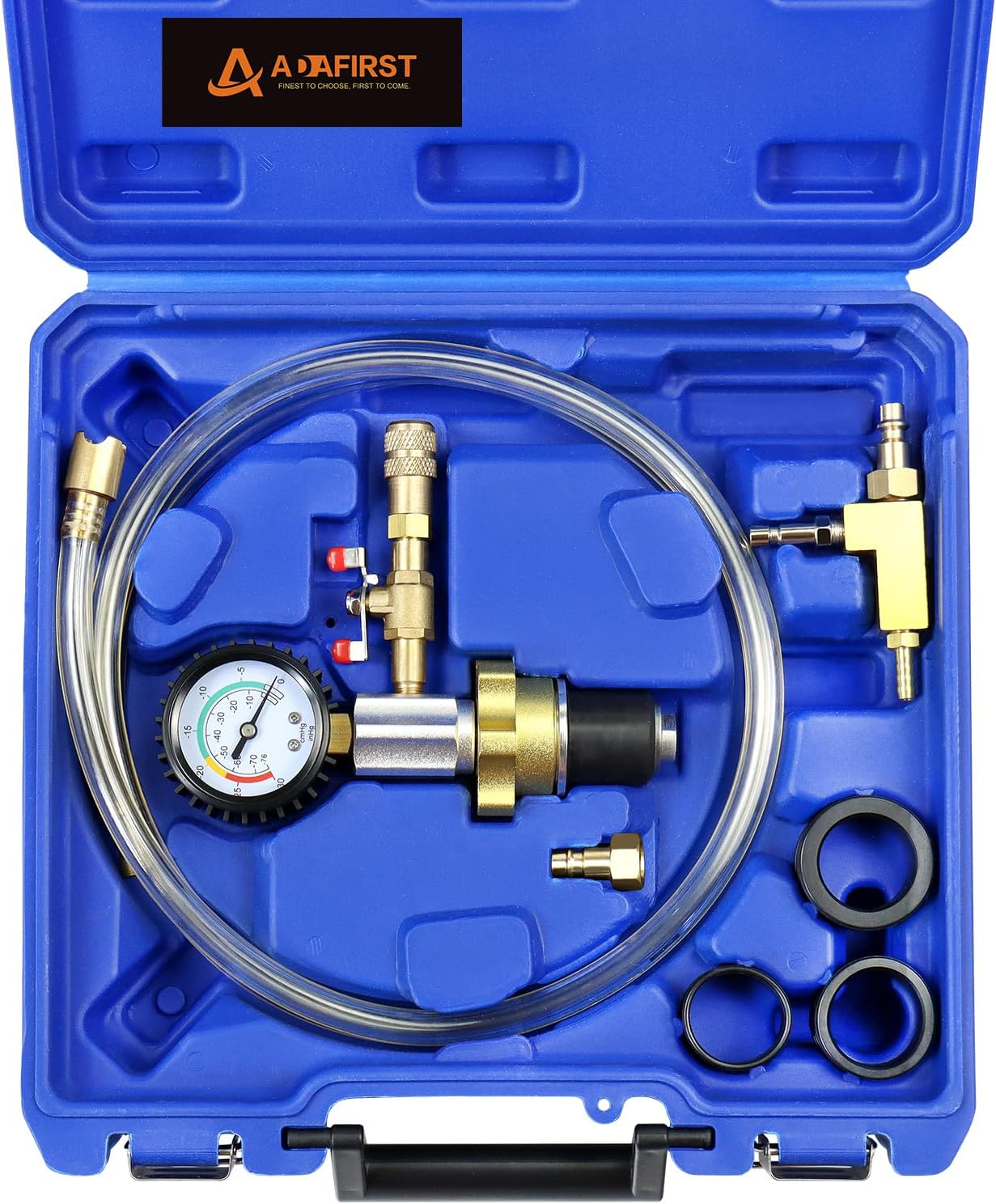 ADAFIRST Automotive Radiator Coolant Vacuum Refill Tool Kit, Engine Cooling System Vacuum Purge & Fill Tool Set with Universal Adapters (O.D. 32Mm 35Mm 40Mm 45Mm) for Car SUV Truck Airlift, Black Case