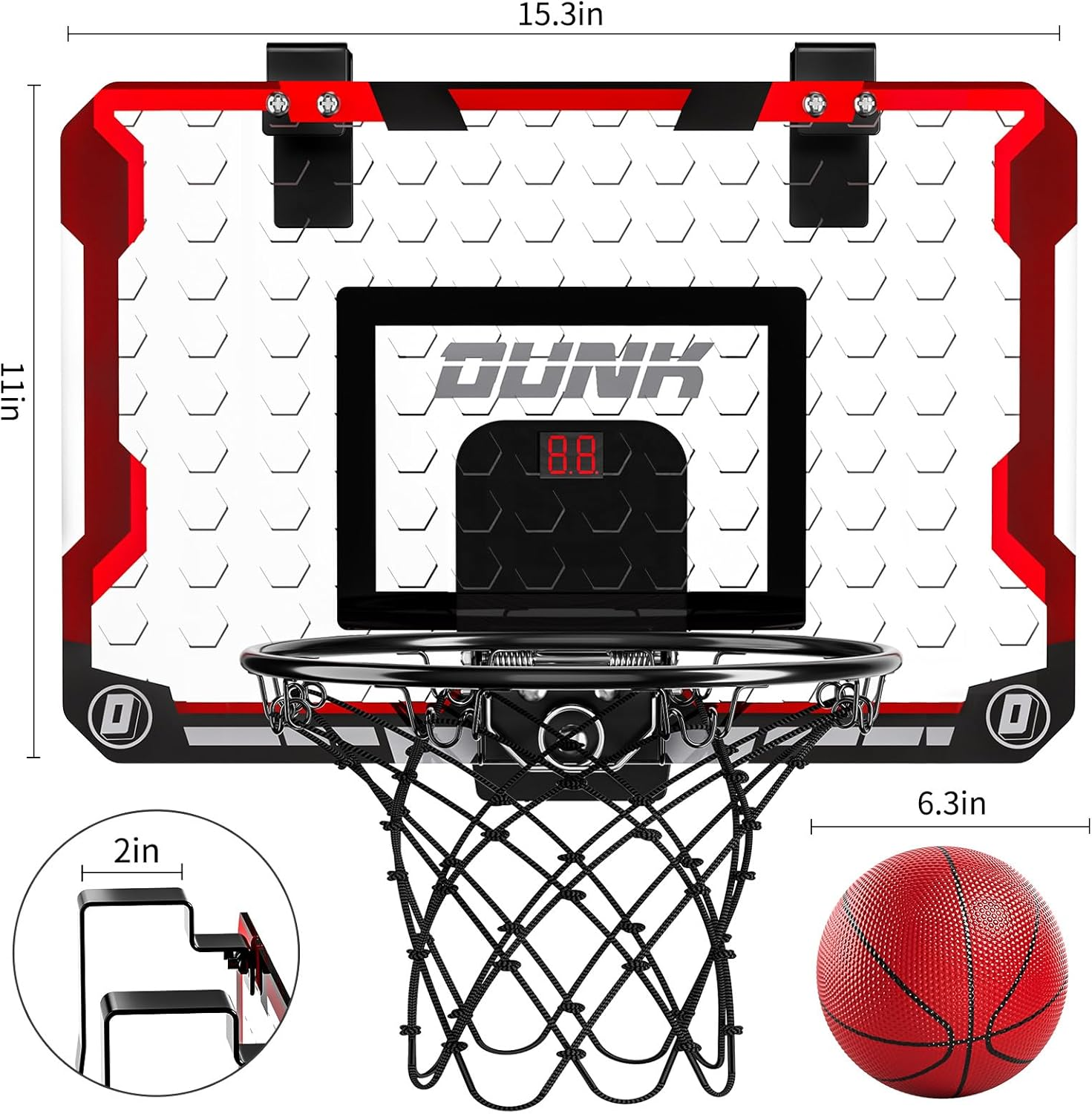 TEMI Indoor Basketball Hoop, Kids & Adults over the Door Hoop with 4 Balls, Electronic Scoreboard, Breakaway Rim, Red, Aluminium & Acrylic image number 2