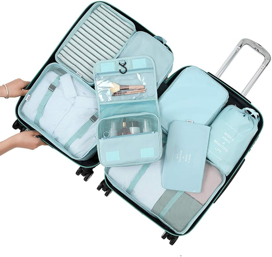 Belsmi Travel Garment Bags Set of 8 Travel Bag in Suitcase Travel Luggage Organiser Compression Bags Suitcase Organiser with Shoe Bag (Style B - Blue) - 8Pcs Pink image number 4