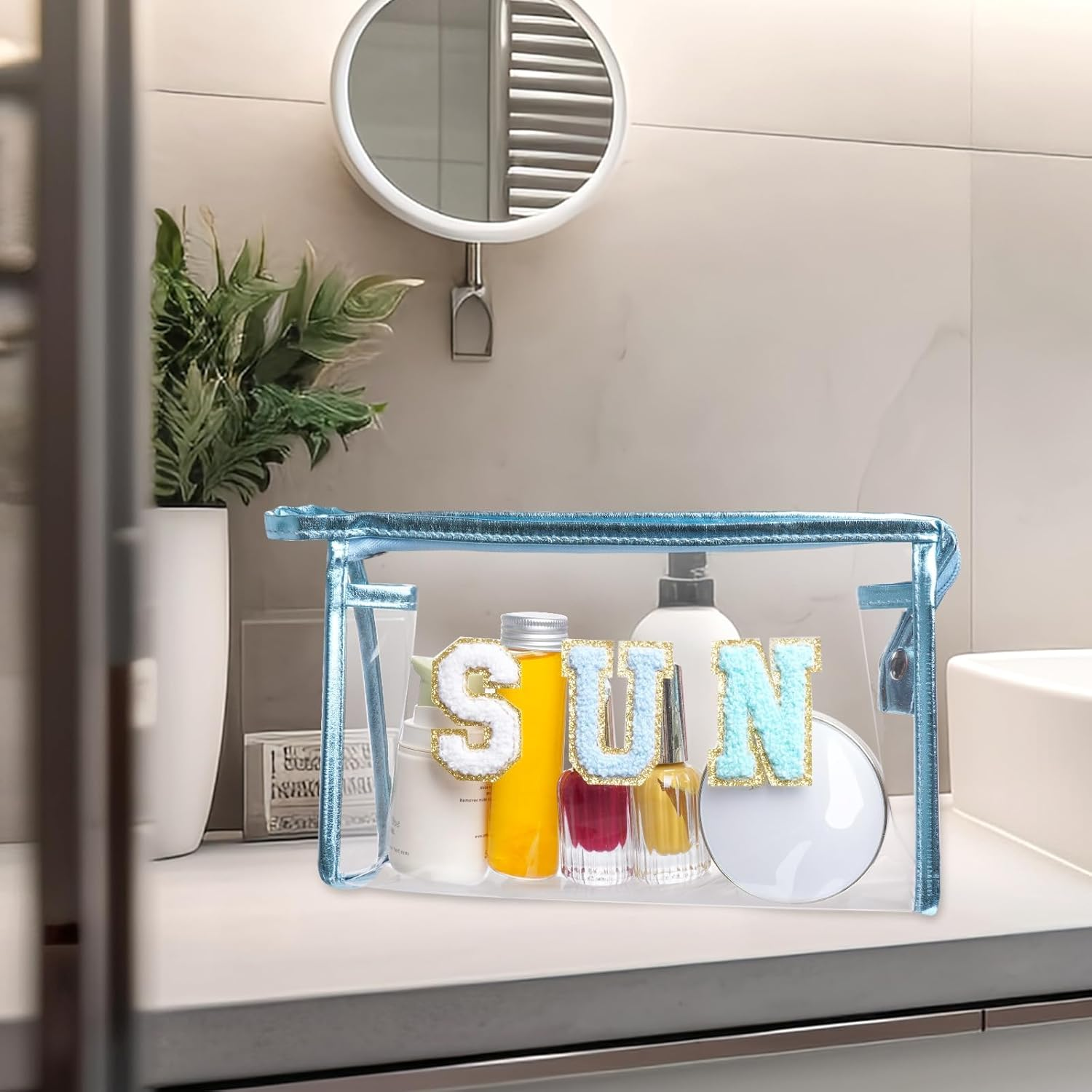 Clear Preppy Patch Makeup Bag, Sun Chenille Letter Bag for Beach, Clear Pouch with Zipper, Preppy Travel Bags Clear Cosmetic Toiletry Bag for Women Girls Teens (Blue) image number 2