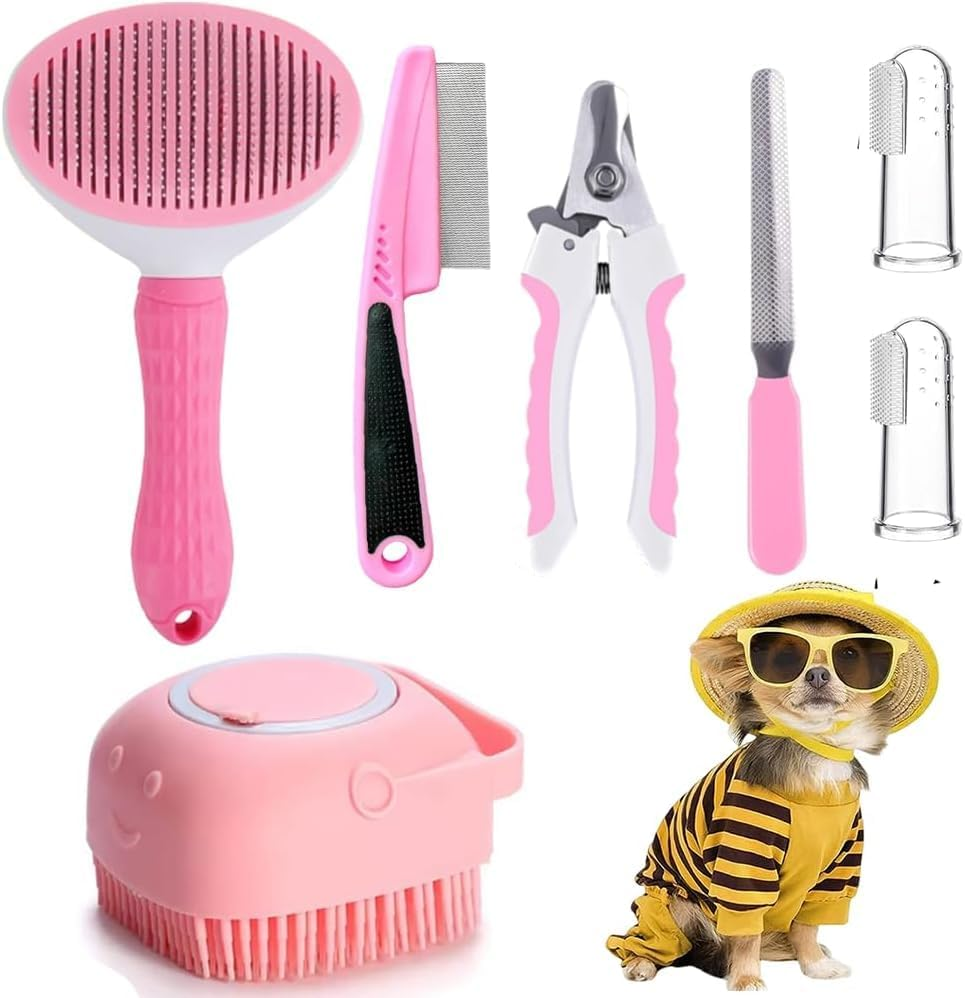 7Pcs Pet Grooming Kit, Self-Cleaning Brush Shedding Kit with Nail Clipper, Flea Comb, Shampoo Bath Brush, Finger Toothbrush, Storage Bag (Pink)