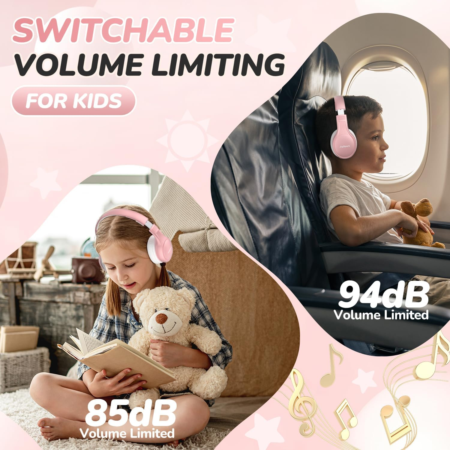 Joyspark Children'S Bluetooth Headphones, 60 Hours Playback Time, Bluetooth 5.4 Wireless Children'S Headphones, Type-C Quick Charge, 85/94 Db Volume Limit, Foldable Headphones Children with Microphone - Black Red image number 3