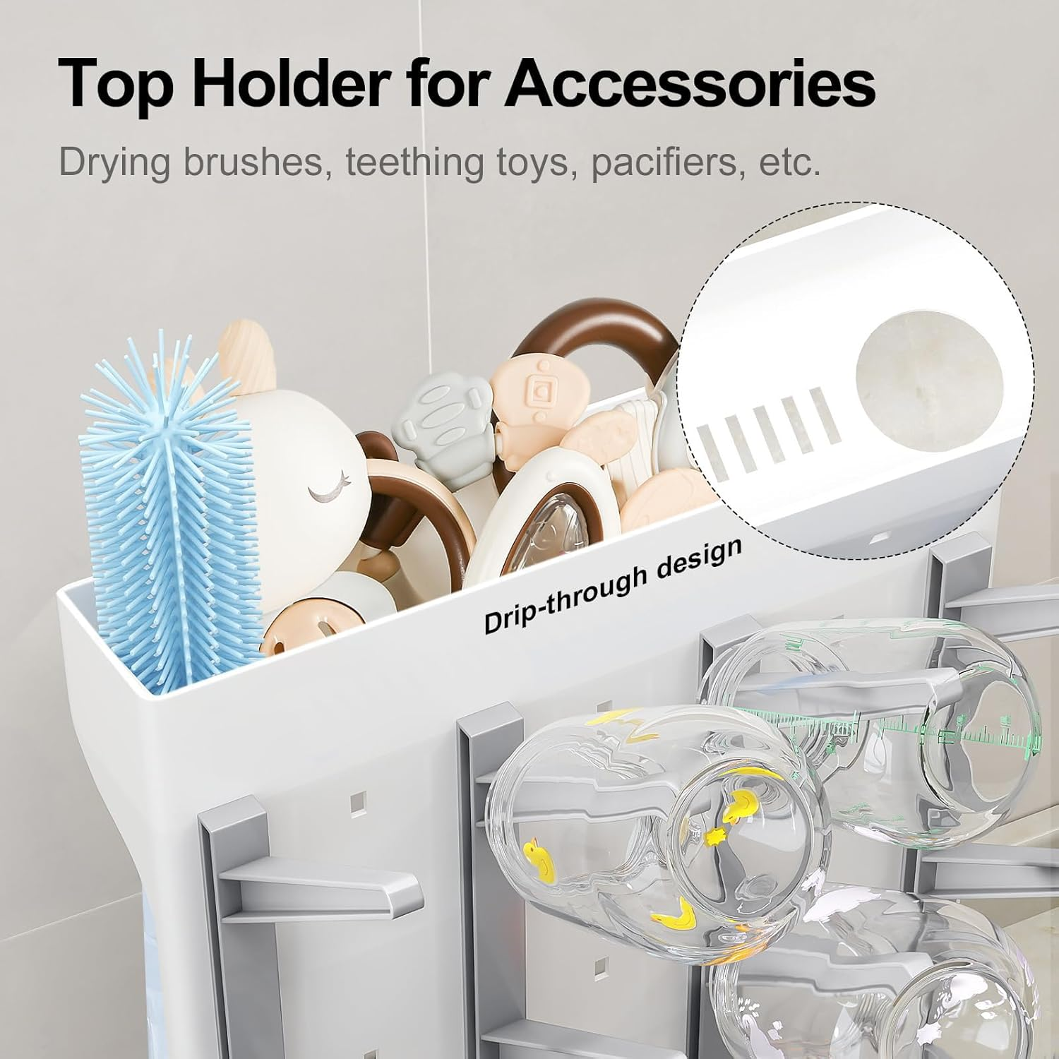 Baby Bottle Drying Rack Space Saving, Large Vertical Baby Bottle Storage Organizer & Bottle Dryer Rack for 12 Pc 8 Oz Bottles and Baby Accessories,Pump Parts,Pacifiers or Brush Stand - Bpa-Free - Gray image number 3