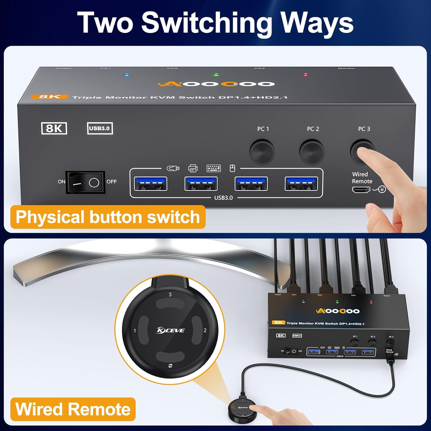 3 Monitors 3 Computers KVM Switch Triple Monitor 3 Port Displayport 1.4 + HDMI 2.1 5Gbps USB 3.0 Keyboard Video Mouse KVM Switches DP1.4 Support 8K@30Hz/4K@144Hz HDMI 2.1 Support 8K@60Hz/4K@120Hz image number 5