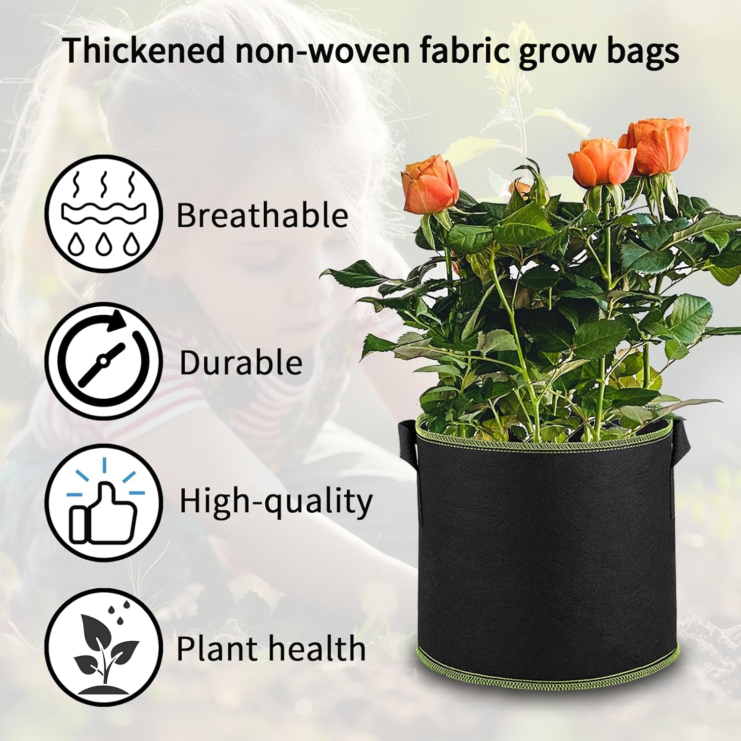 5-Pack Plant Grow Bags, Heavy Duty Nonwoven Aeration Fabric Pots, Reusable Garden Planter Pots for Vegetables, Flowers, Plants (15 Gallon) image number 6