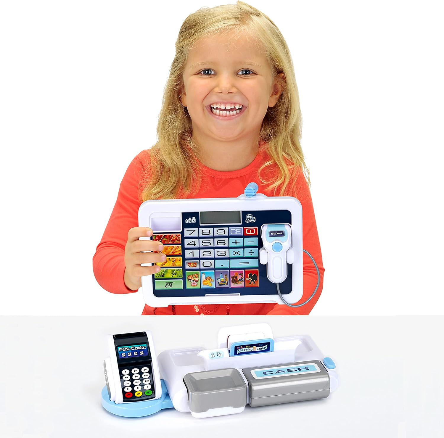 Theo Klein 9324 Tablet Cash Station I Play Cash Register with Sound and Detachable Tablet, POS Terminal, Scanner and Play Money I Toys for Children Aged 3 and Over image number 2
