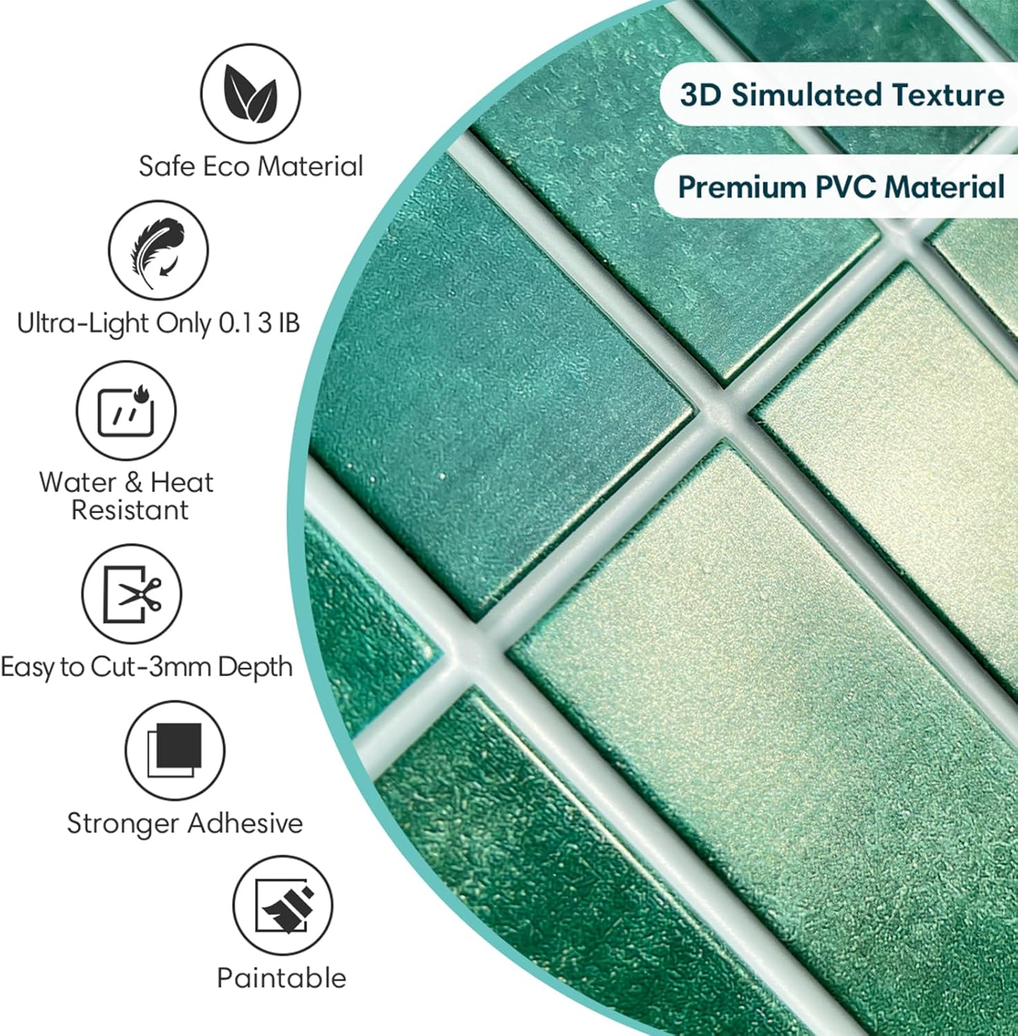 Commomy 10 Pcs 3D Green Peel and Stick Backsplash Tile, 11.8"X11.8" Matte Ultra-Light Thin PVC Self Adhesive Wall Panels Stick on Tile Stickers for Kitchen, Bathroom, Renters, Interior Wall Decor image number 2