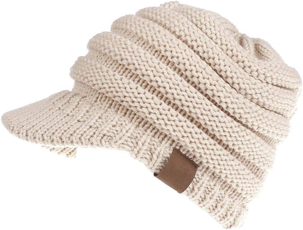 TOZLU Women'S Warm Chunky Cable Knit Messy Bun Hat Ponytail Visor Beanie Cap