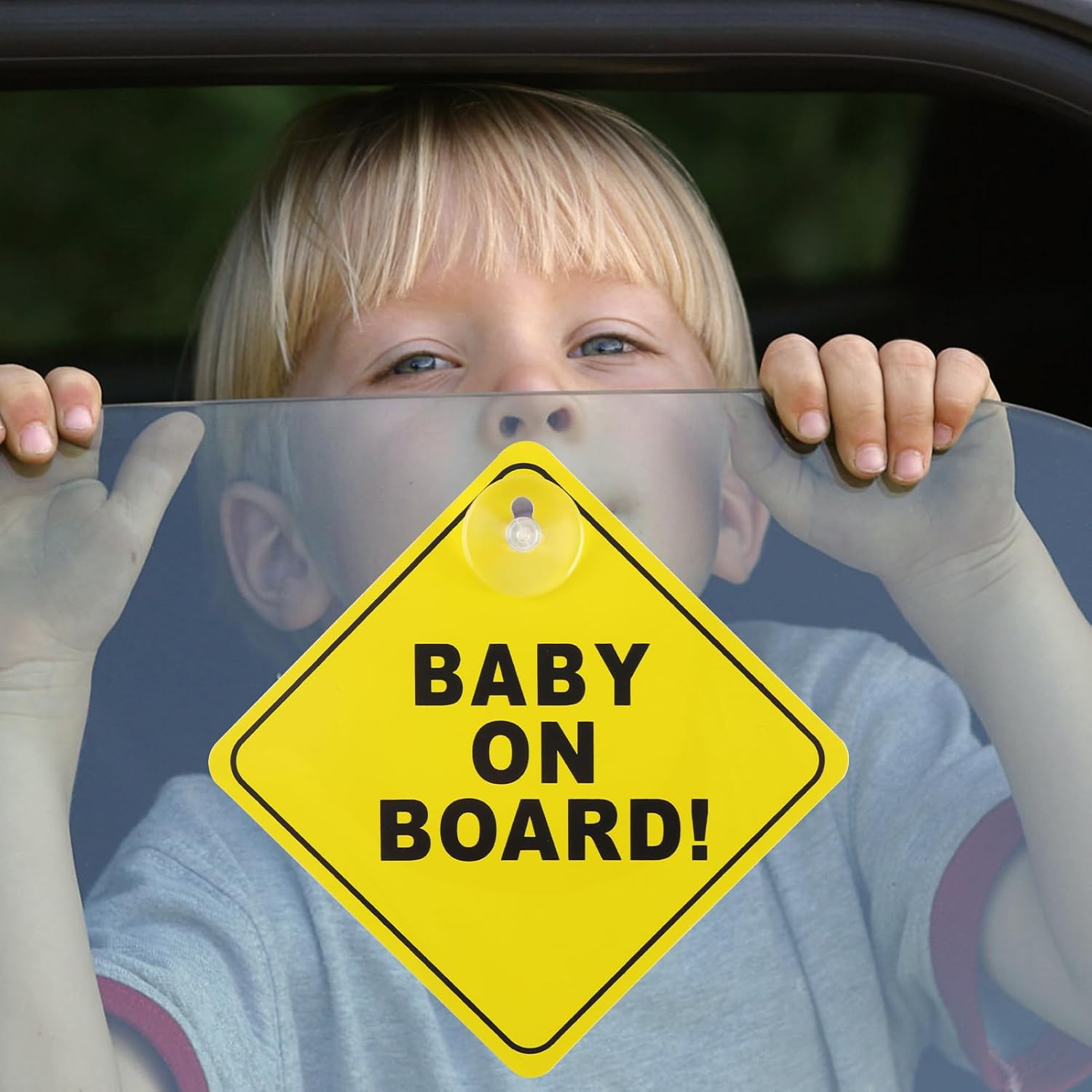 Baby on Board Car Stickers - 2Pc Reusable Safety Decals with Strong Suction Cups - 5"X5" High-Visibility Car Signs - Weatherproof & Removable for Child Safety (Yellow)