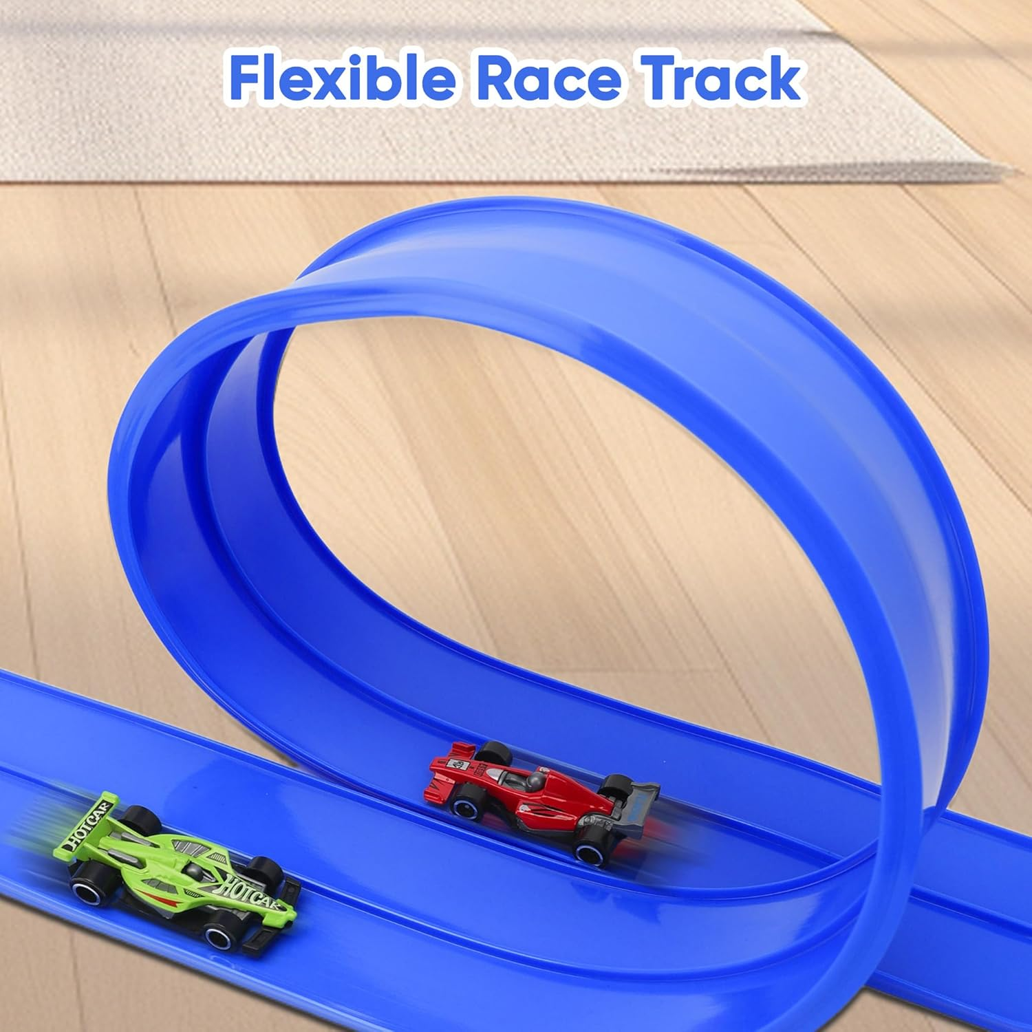 OMIPAWZ 15 Ft / 450 Cm Double Sided Flexible Rack Track Set with 6 Toy Cars for Kids