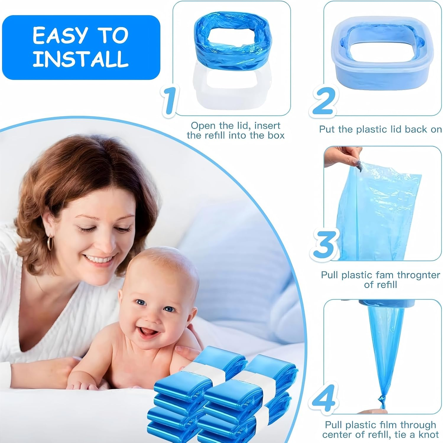 Nappy Bin Refill Bags 16-Pack Compatible with Tommee Tippee Twist and Click Refill for All Models Bins, Powerful Odor Lock Nappy Bag, Diaper Bin Bag Liner Pails, or Pet Waste Bags (Each 4.5M) image number 2