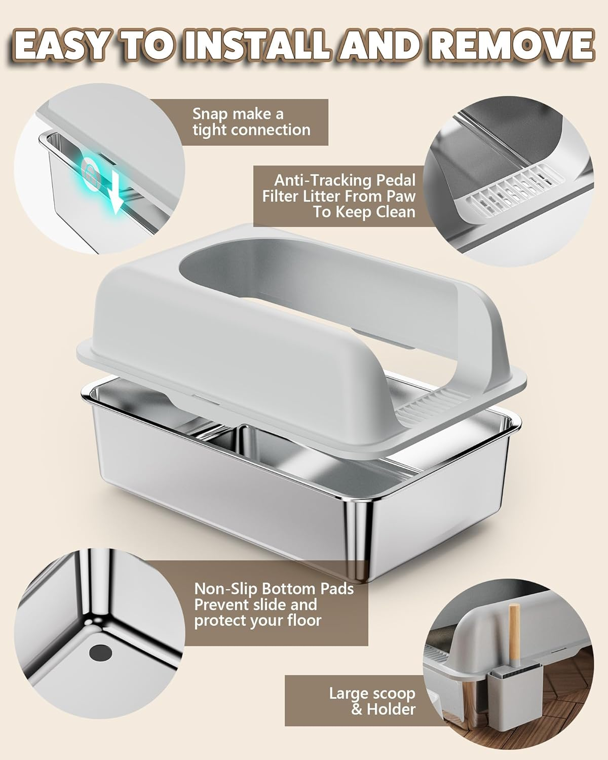 Stainless Steel Litter Box with Lid, Extra Large Cat Litter Box, XL Metal Litter Box for Big Cats with High Wall Slides Enclosure, anti High-Peeing Spraying, Anti-Leakage Non-Sticky Easy to Clean image number 5