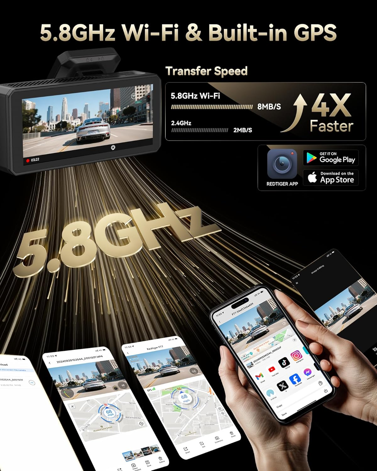 REDTIGER F77 4K+4K HDR Dash Cam Front and Rear, Dual STARVIS 2 IMX678 Sensor, 5.8Ghz Wifi Car Camera with 128GB Emmc Storage, Voice Control, 4'' Touch Screen, 24H Parking Mode image number 2