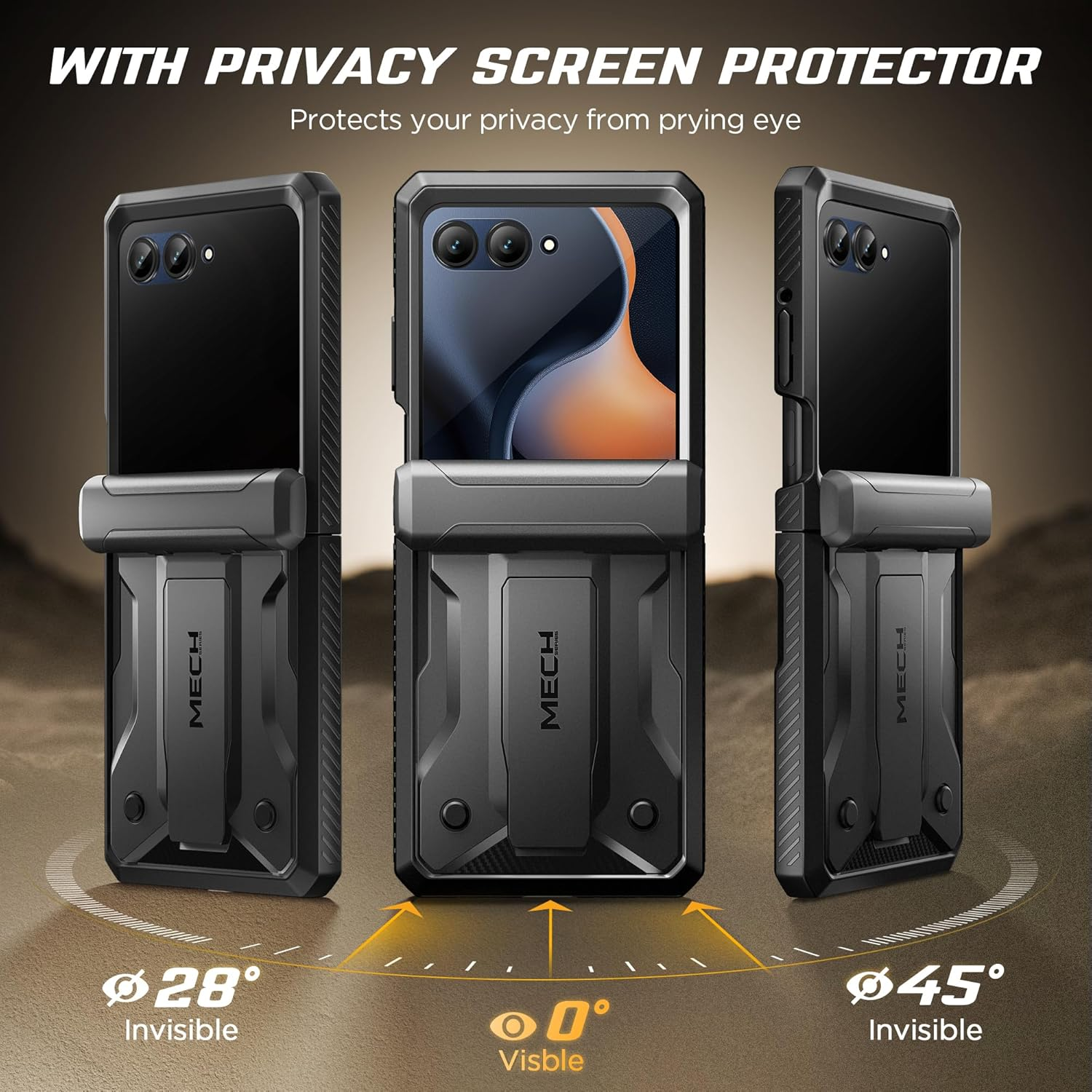 TONGATE for Motorola Razr 2025/Razr 2024 Case with Privacy Screen Protector, [Stand & Belt-Clip] [Hinge Protection Cover] [Anti-Slip], Full-Body Military Grade Protective Phone Case, Black - Black With Privacy Screen Protector image number 3