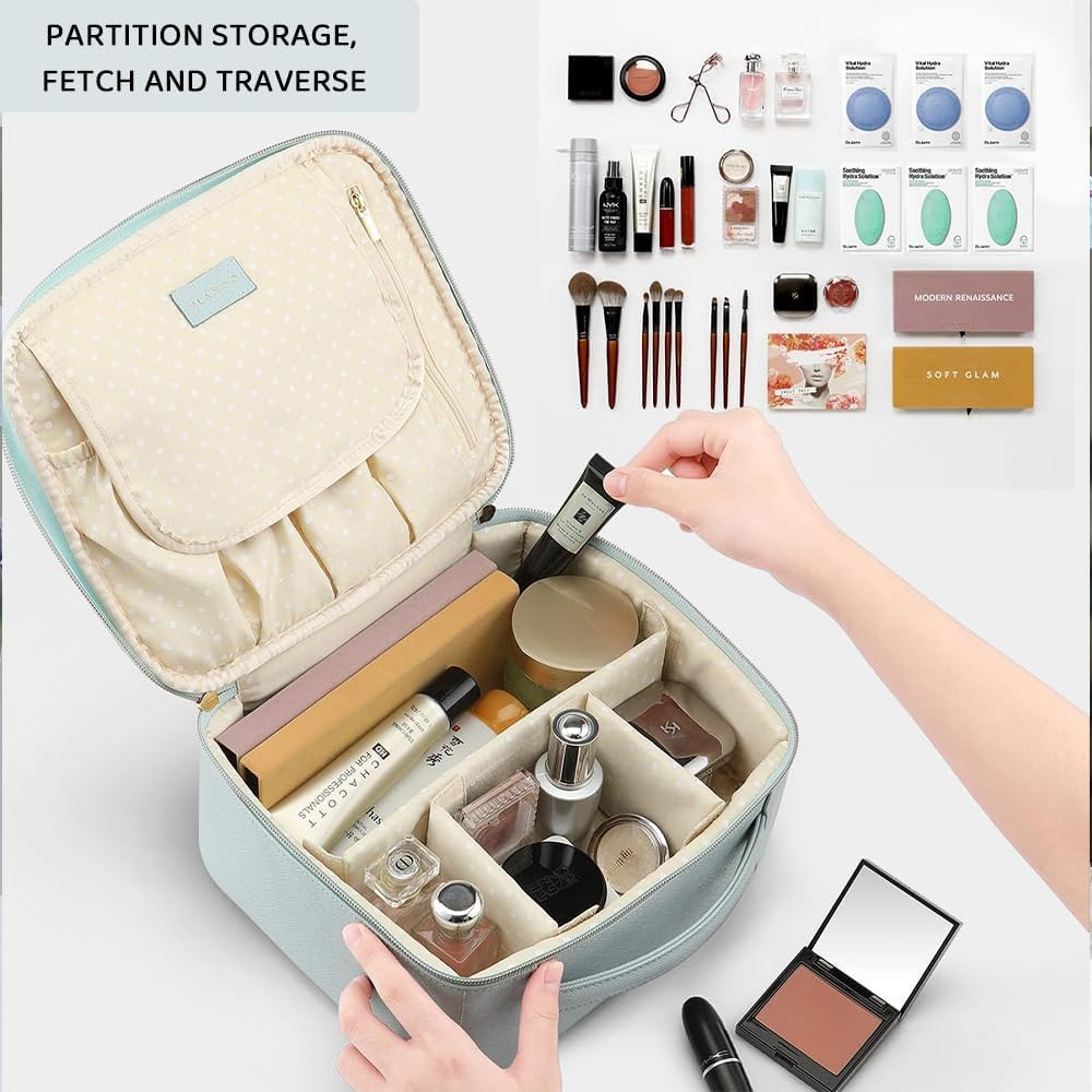 HYAVIA Travel Cosmetic Makeup Bag, PU Leather Large Storage Case with Multi-Compartments & Dividers for Brushes, Toiletries, Jewelry &ndash; Organizer with Handle image number 6